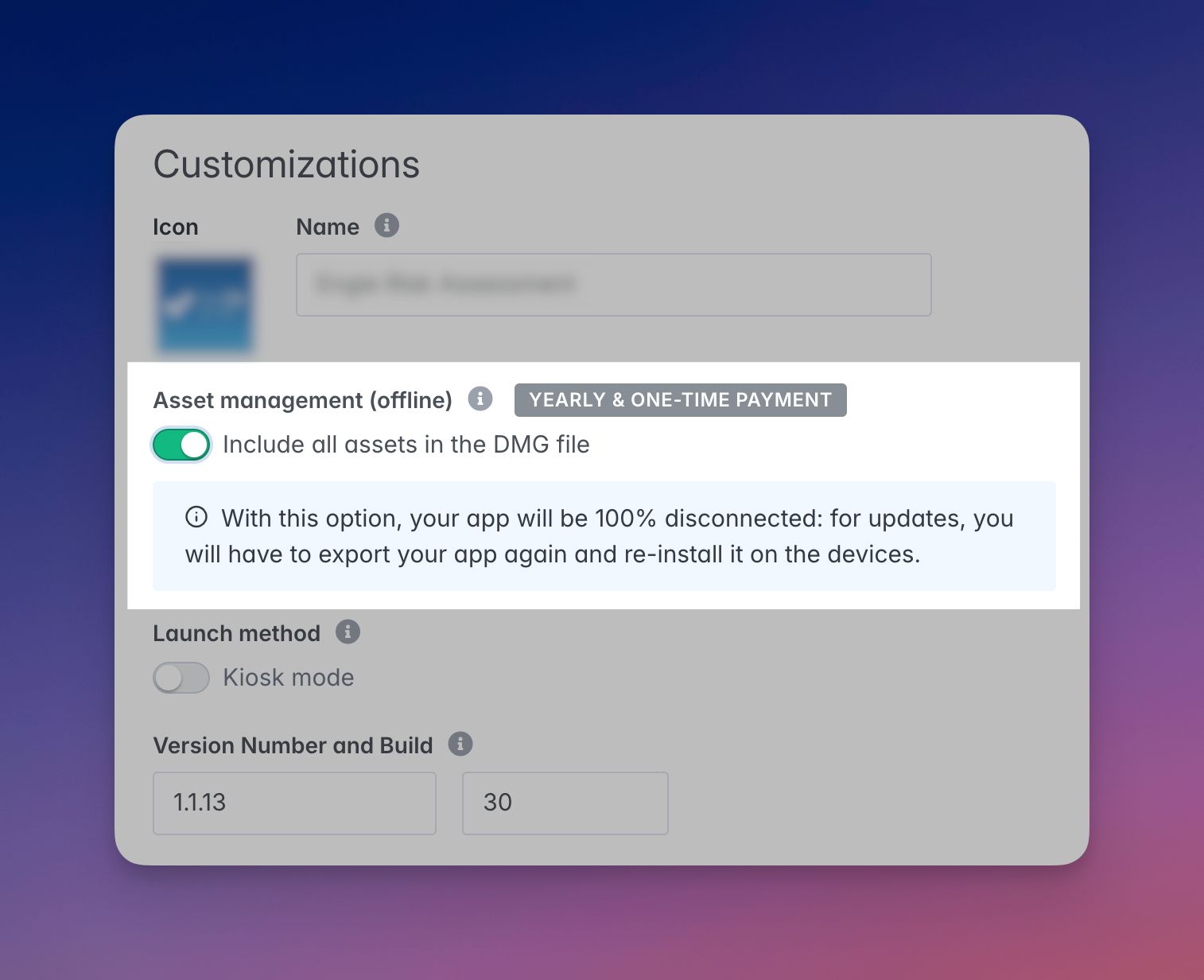 Asset management offline option enabled in the DMG export form