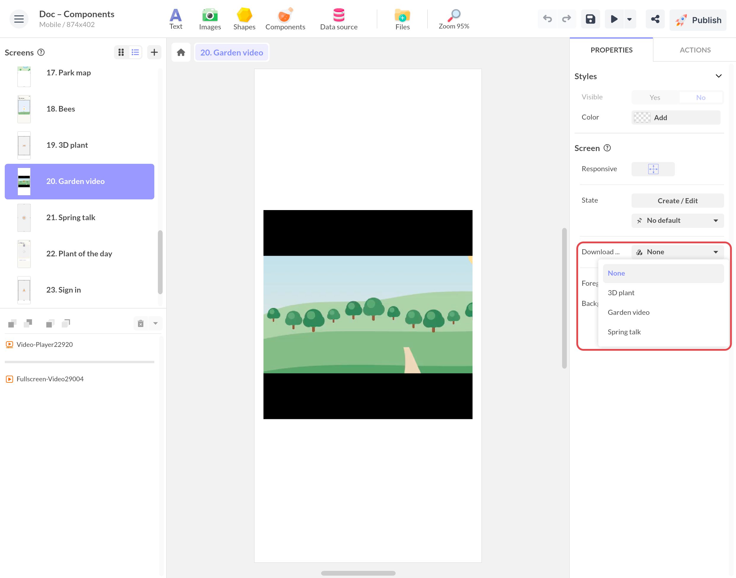 Propriétés de l'écran 20. Garden video : la liste Module téléchargeable est ouverte sur les modules créés, encadrée