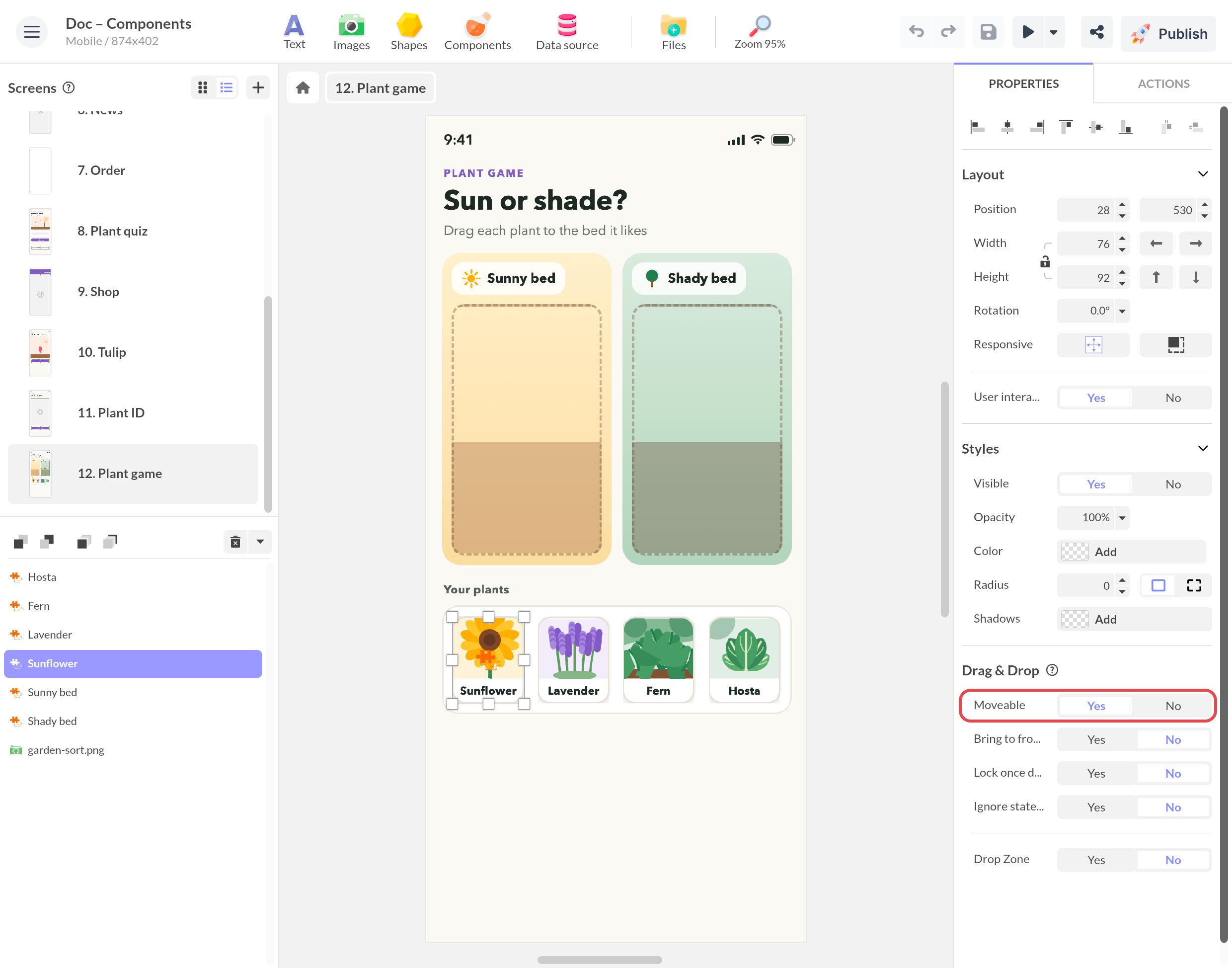 Pièce Sunflower d'un jeu soleil ou ombre sélectionnée dans PandaSuite Studio : l'option de déplacement est sur Oui dans ses propriétés