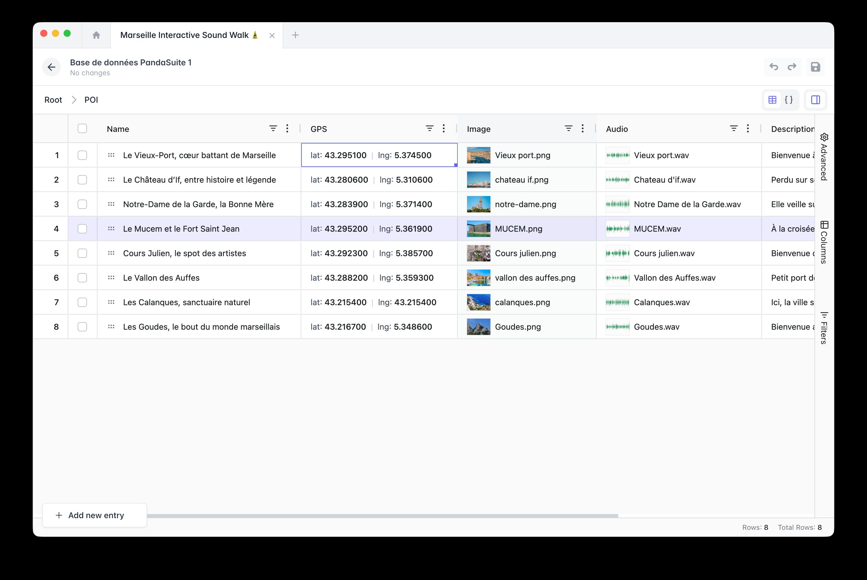POI collection in the Datastore: GPS markers with coordinates, image, audio, and description columns