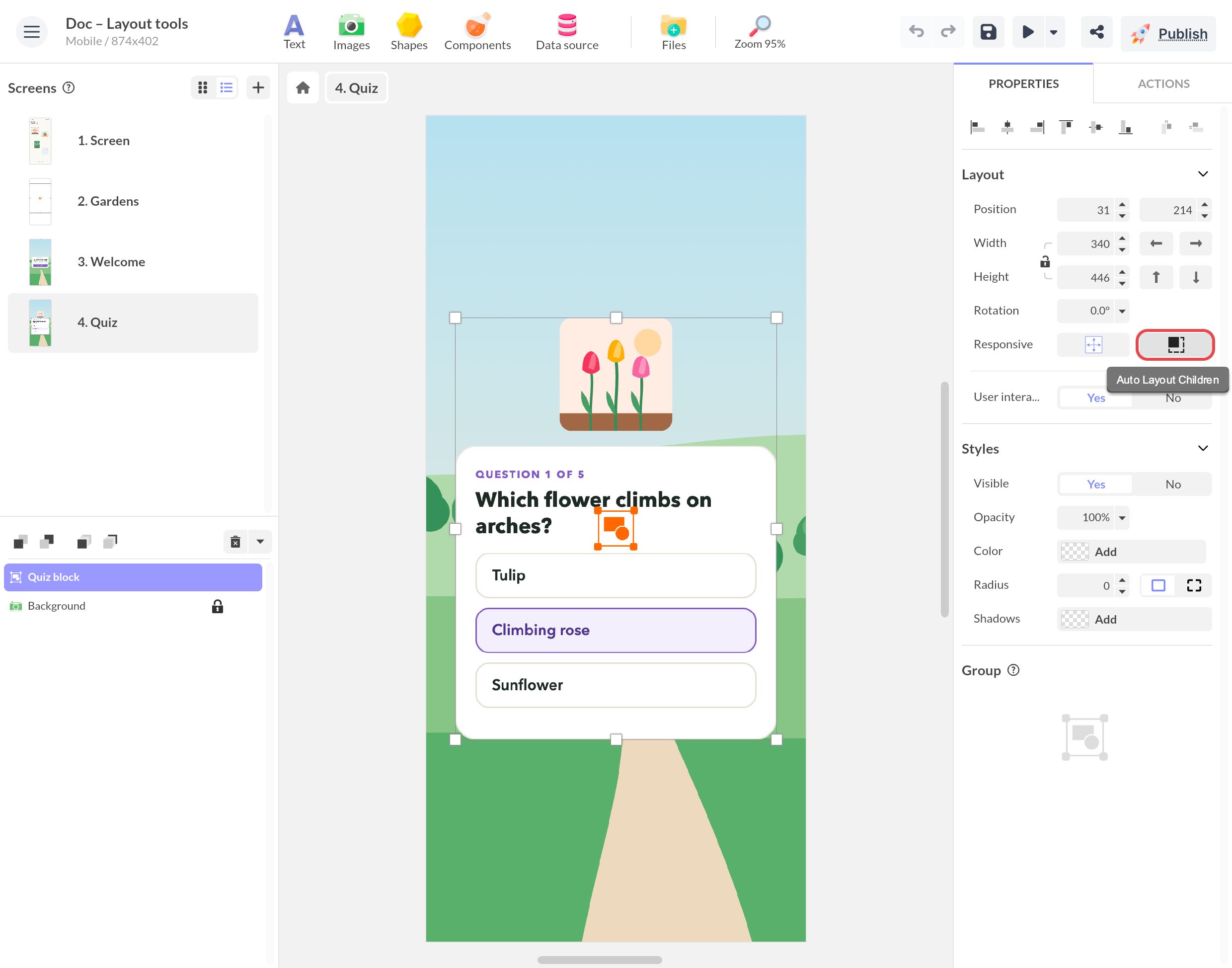 Propriétés d'un Groupe de quiz : sur la ligne Responsive, l'icône Auto Layout Children, à côté de Taille & Position Dynamiques, est encadrée