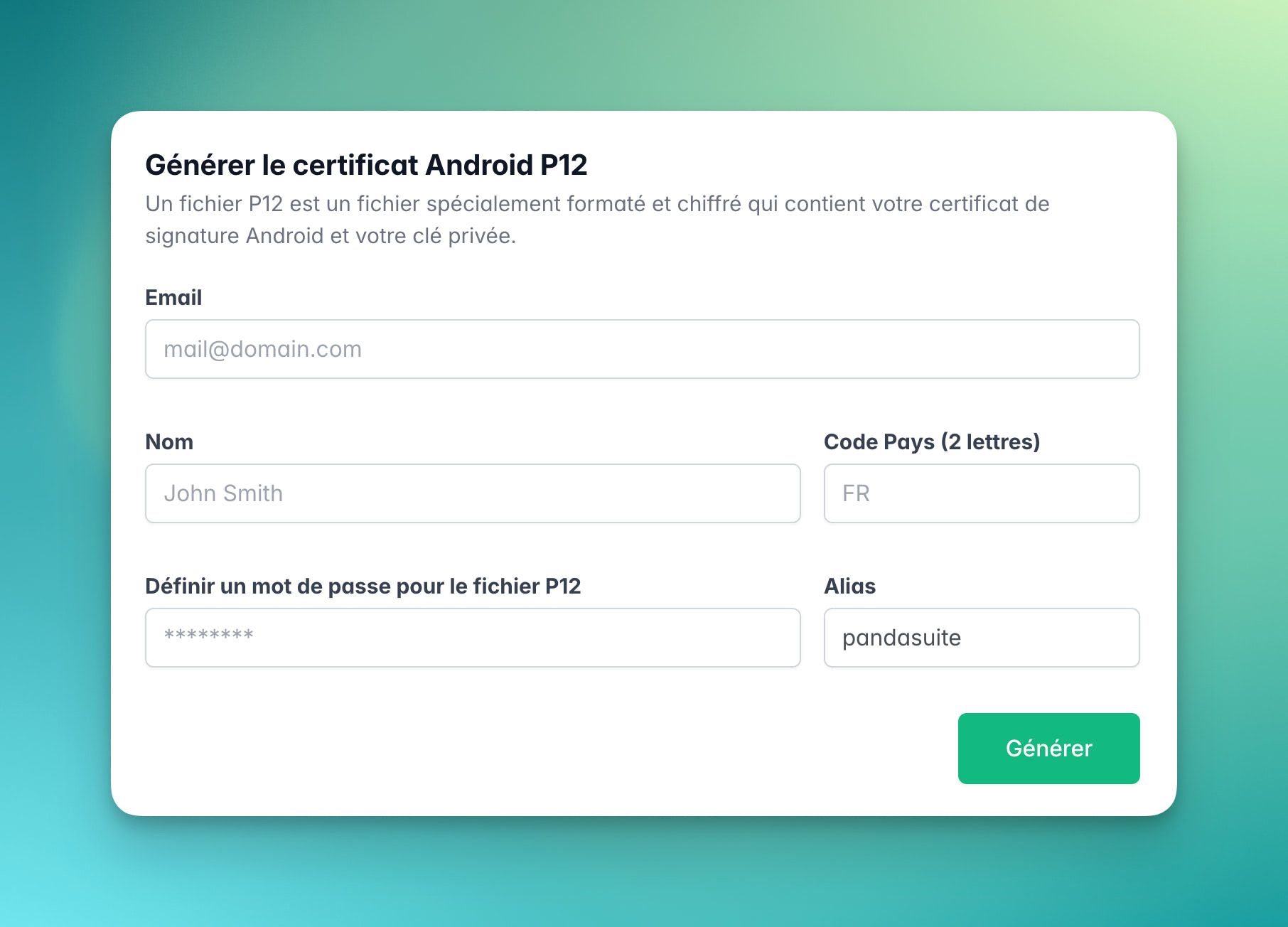 Formulaire EasyCertif pour générer un certificat Android P12
