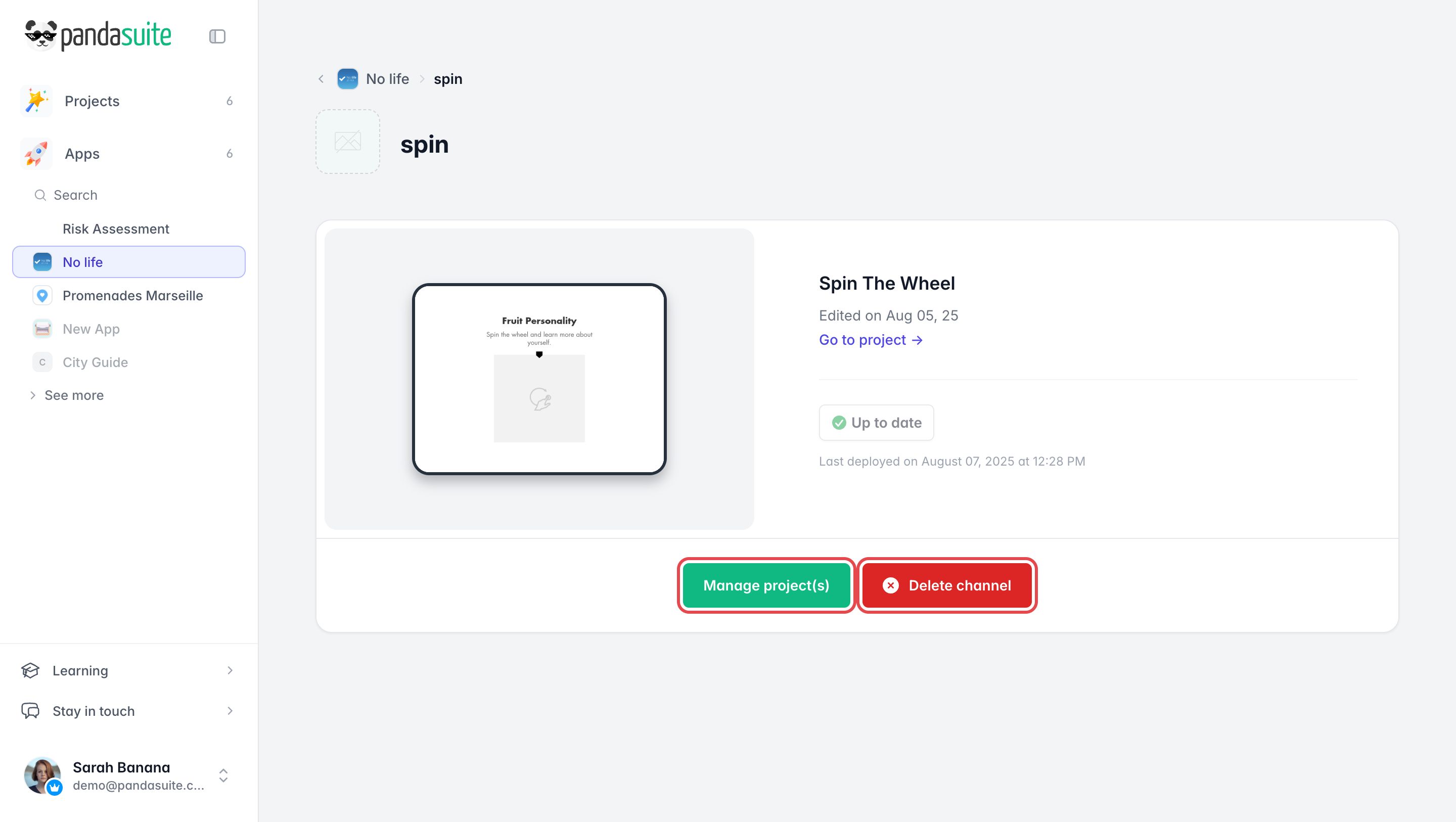Page d'un channel dans le dashboard : son projet est à jour, et les boutons Manage project(s) et Delete channel sont encadrés