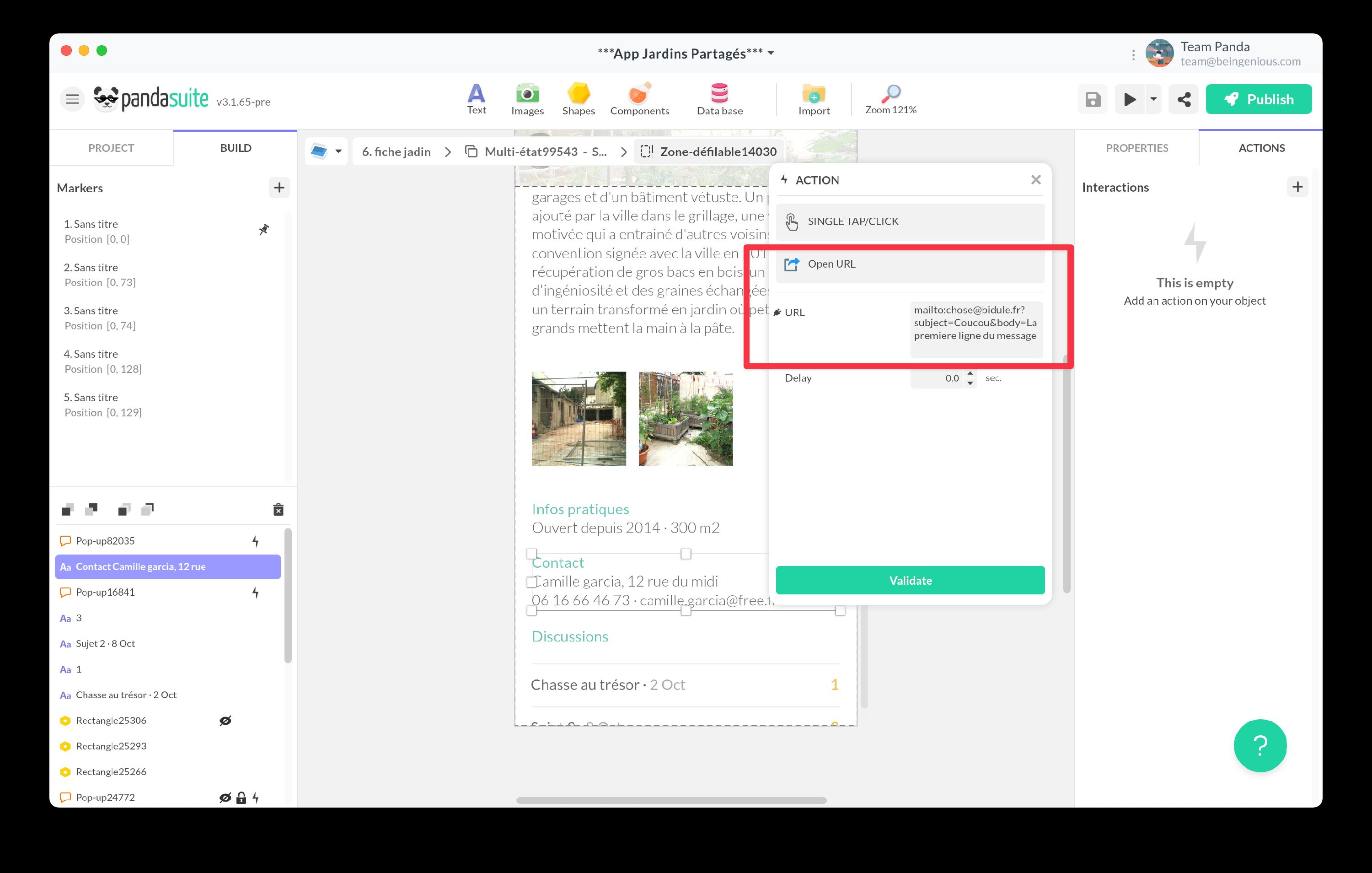 PandaSuite Open URL action email example
