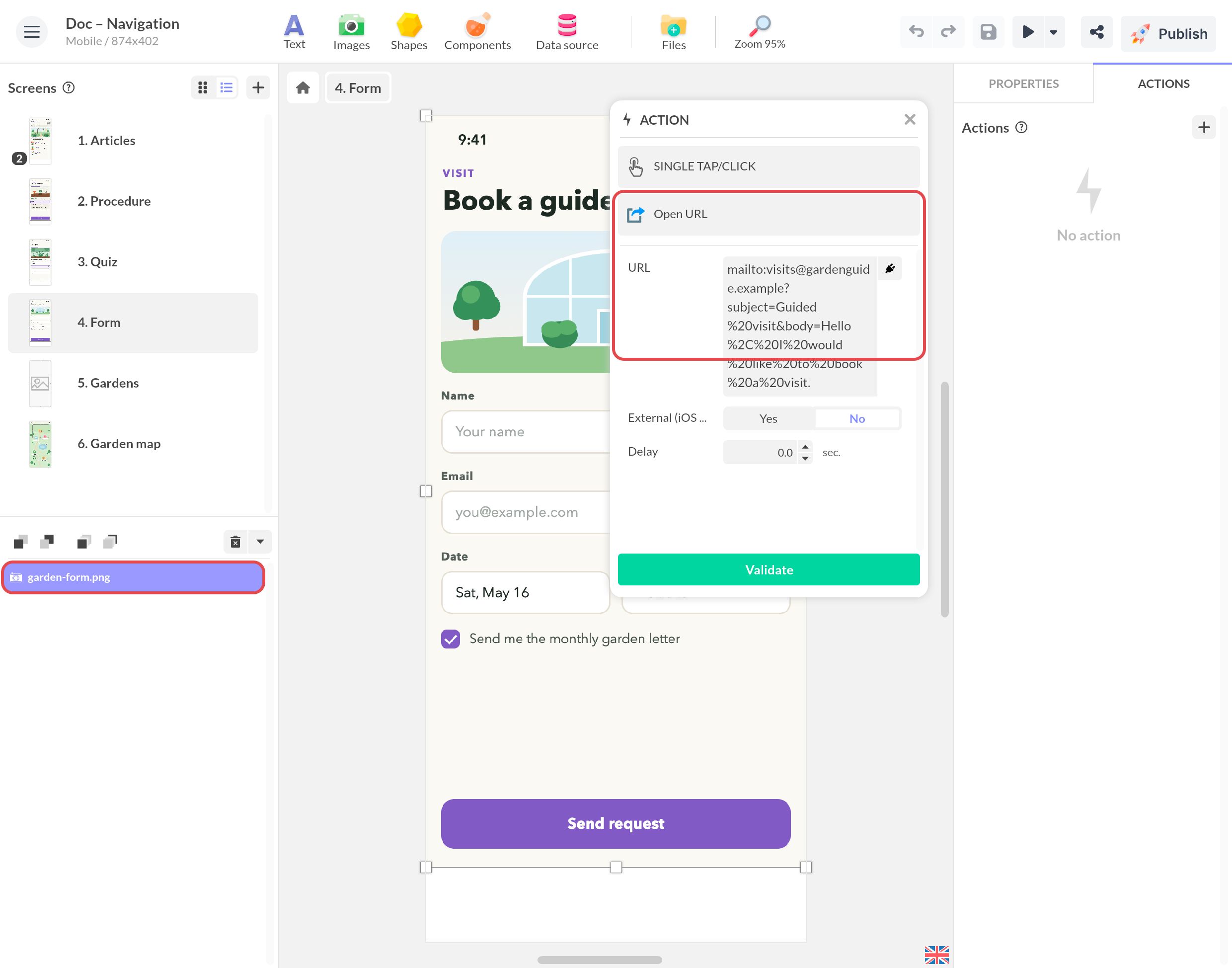 Action Ouvrir une URL au tape clic, avec un lien mailto: qui préremplit le destinataire, l'objet et le corps de l'email, sur un écran de réservation