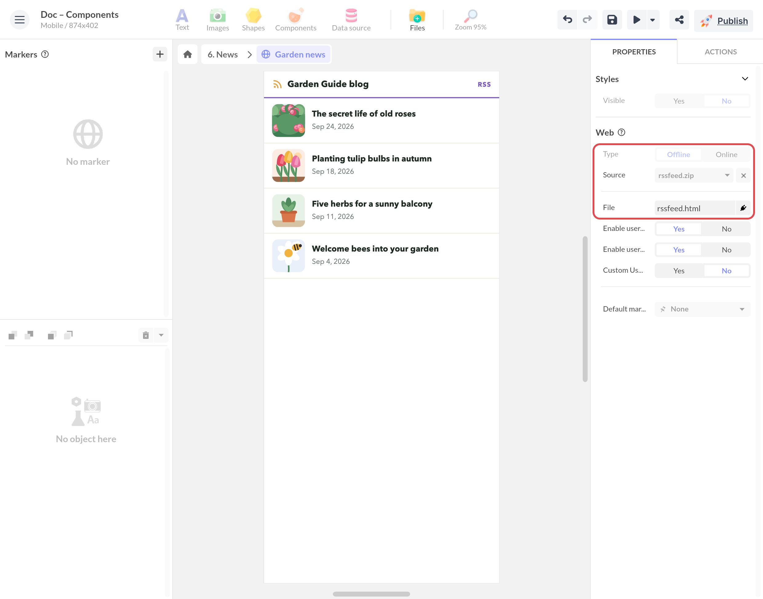 Composant Web ouvert sur un écran News : type Hors ligne, source rssfeed.zip, fichier rssfeed.html ; le fil du blog jardin s'affiche dans le canevas