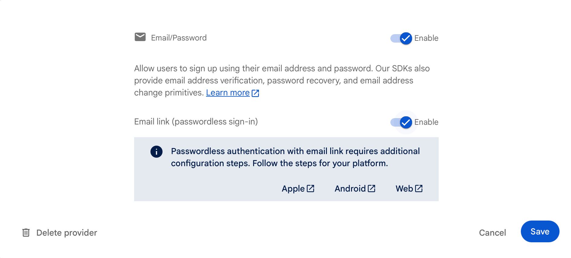 Enabling email/password and email link authentication in Firebase