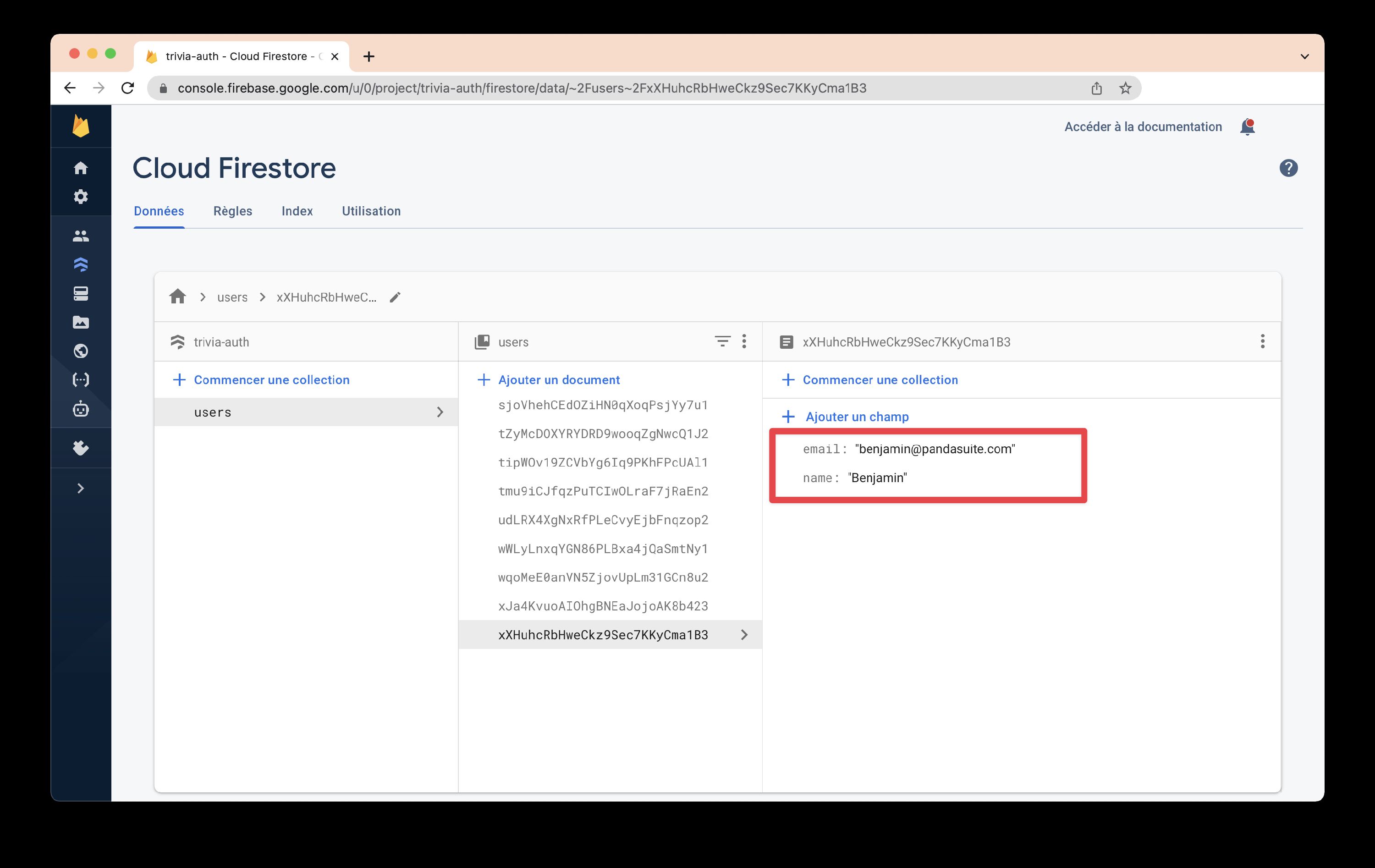 Example of a Firestore document