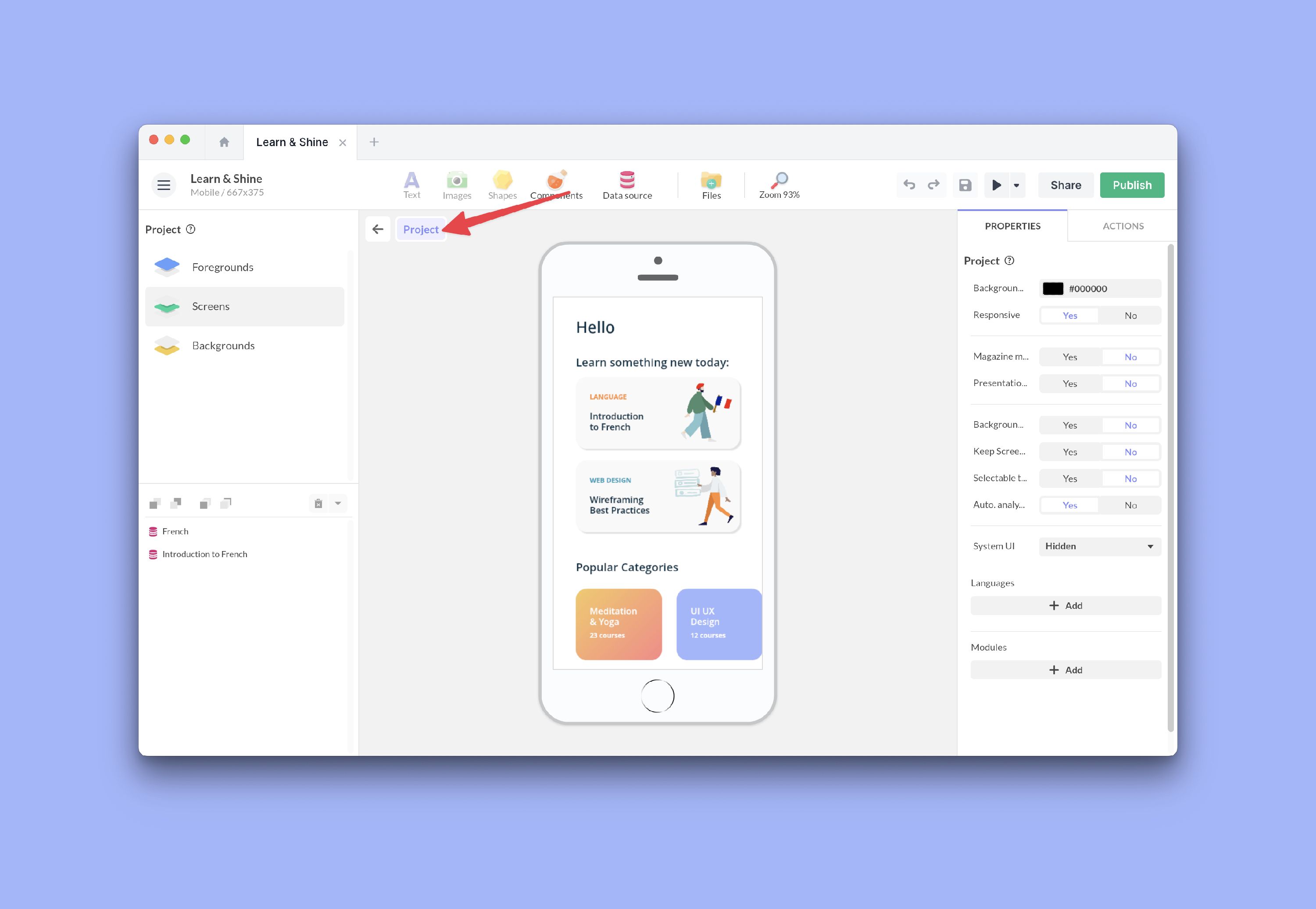 Example properties window