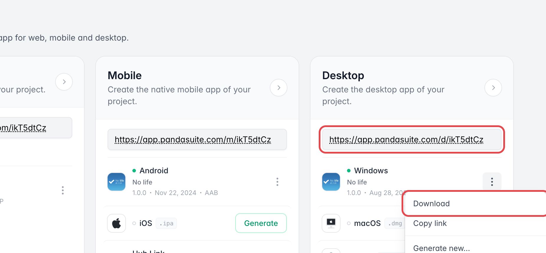 Carte Desktop d'une app : le lien d'hébergement et l'entrée Download des options de l'export Windows sont encadrés