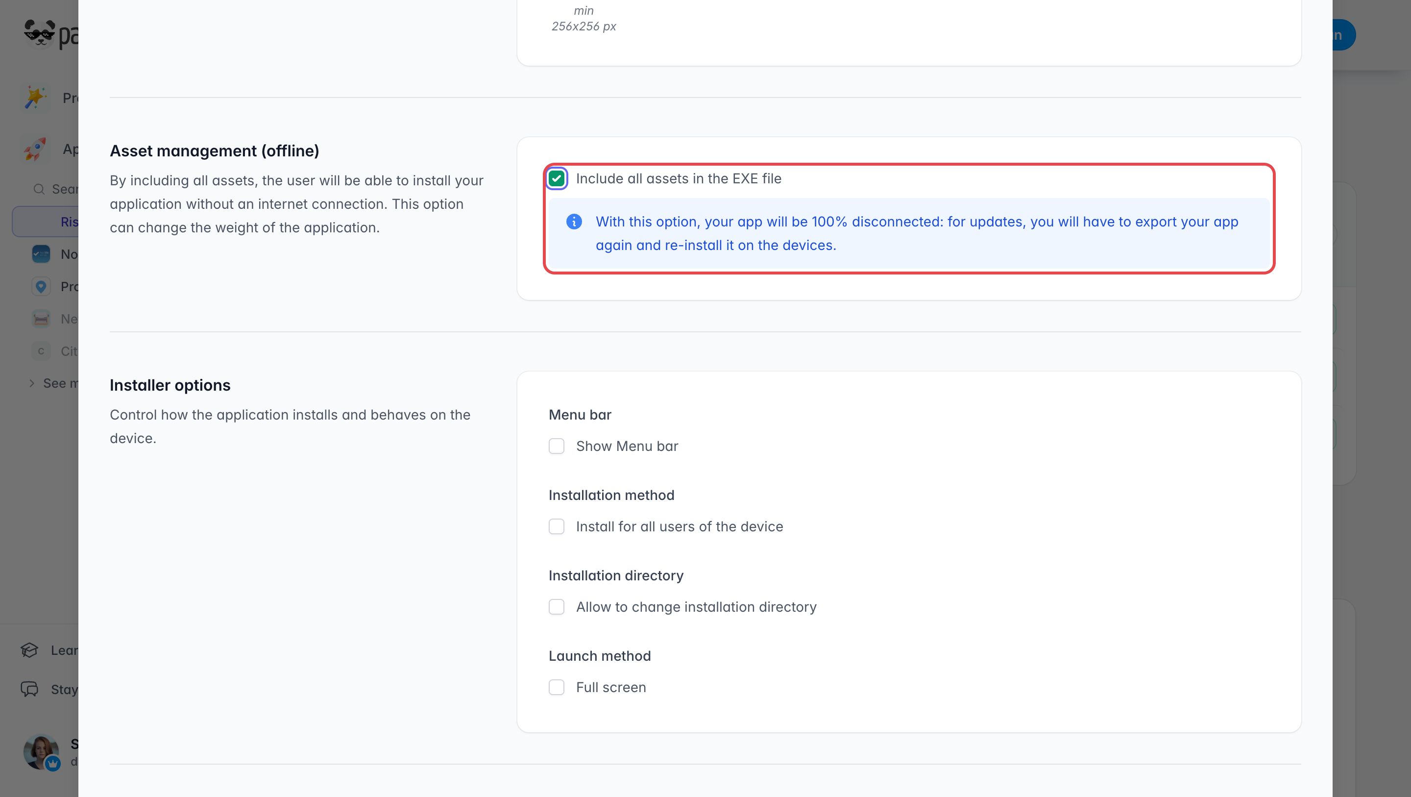 Formulaire d'export EXE du dashboard PandaSuite, avec l'option Gestion des assets (hors ligne) activée et encadrée en rouge