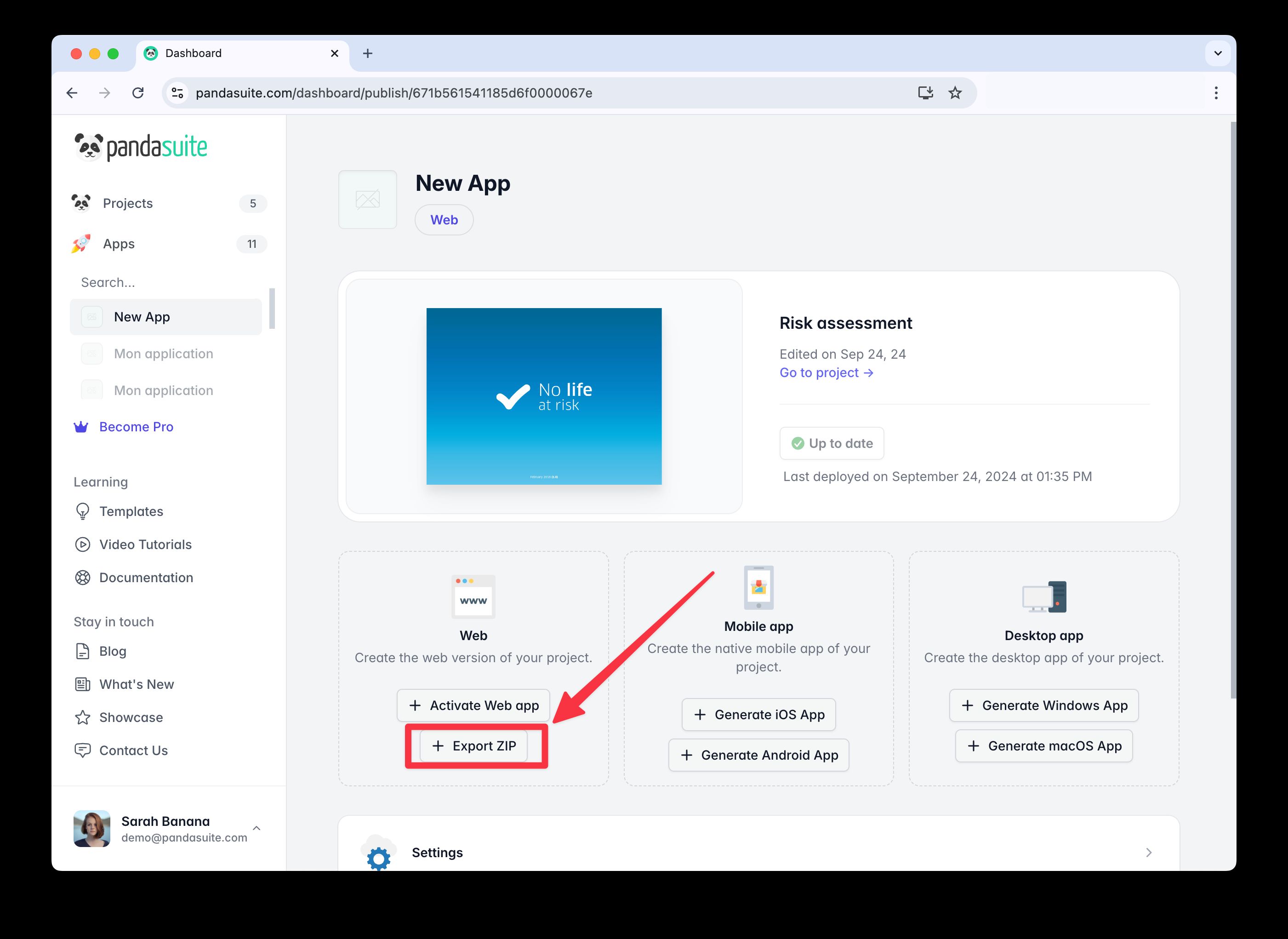 Button to export the ZIP file