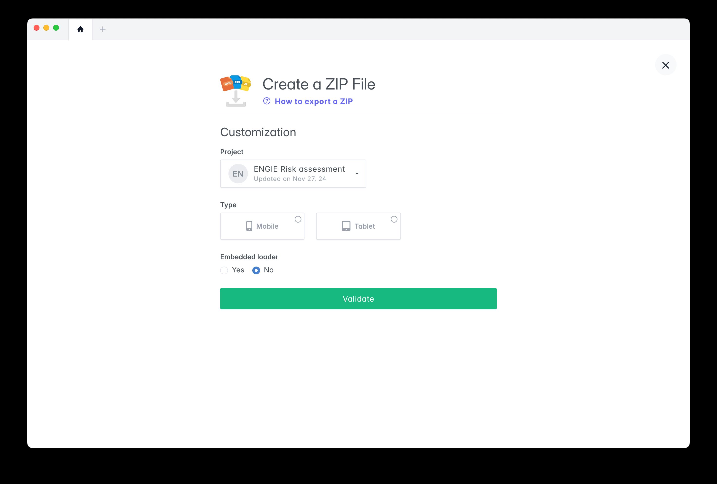 Form to export the ZIP file