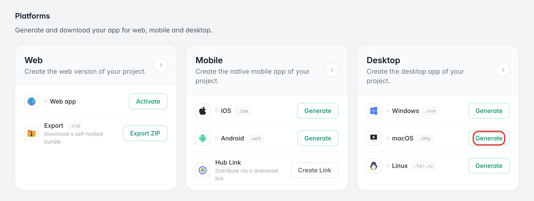 Carte Desktop de la section Platforms : le bouton Generate de macOS est encadré