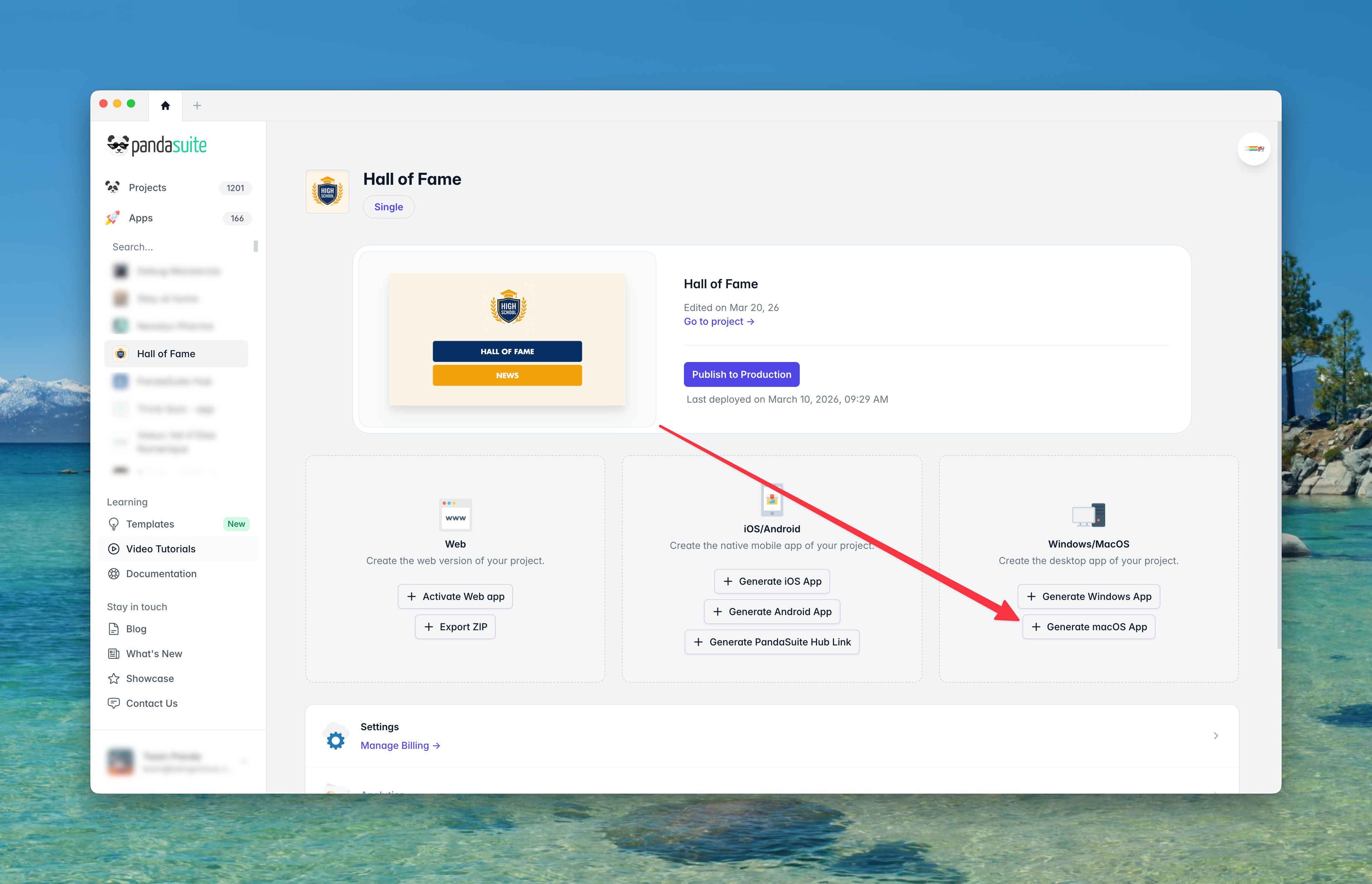Generate macOS App button in the dashboard
