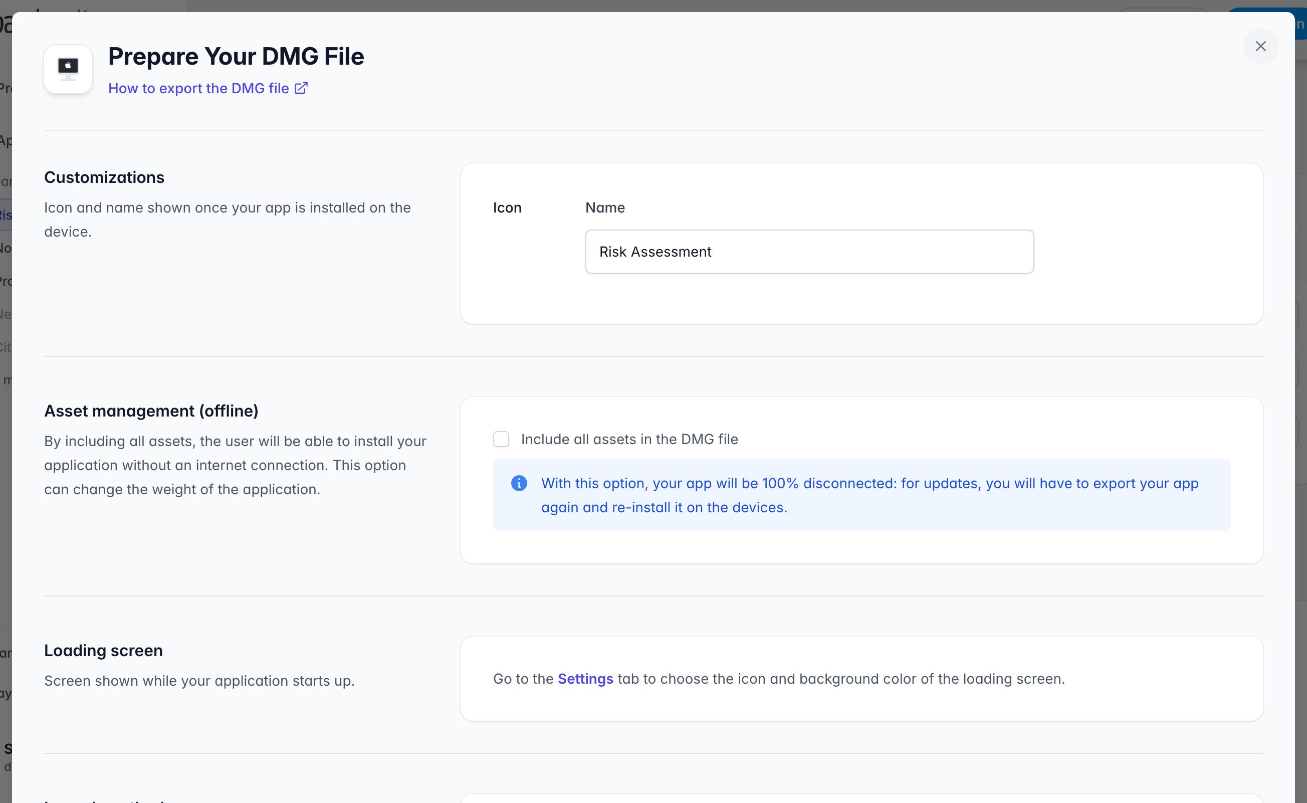Formulaire Prepare Your DMG File : icône et nom, gestion des assets hors ligne et écran de chargement