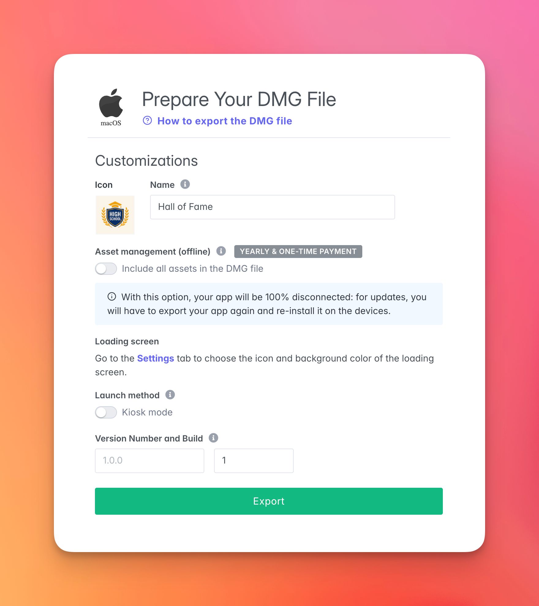 DMG export configuration form