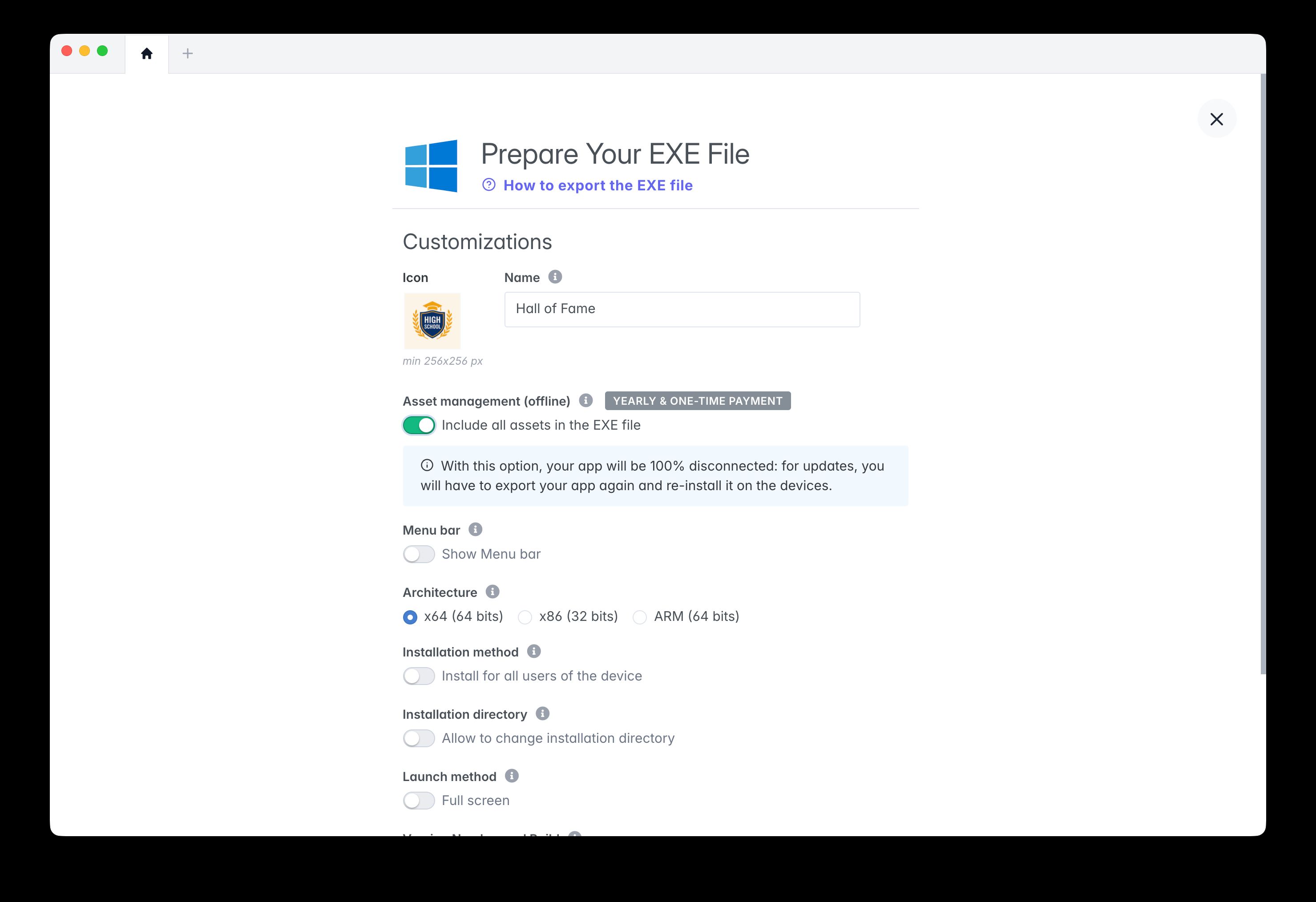 EXE export configuration form