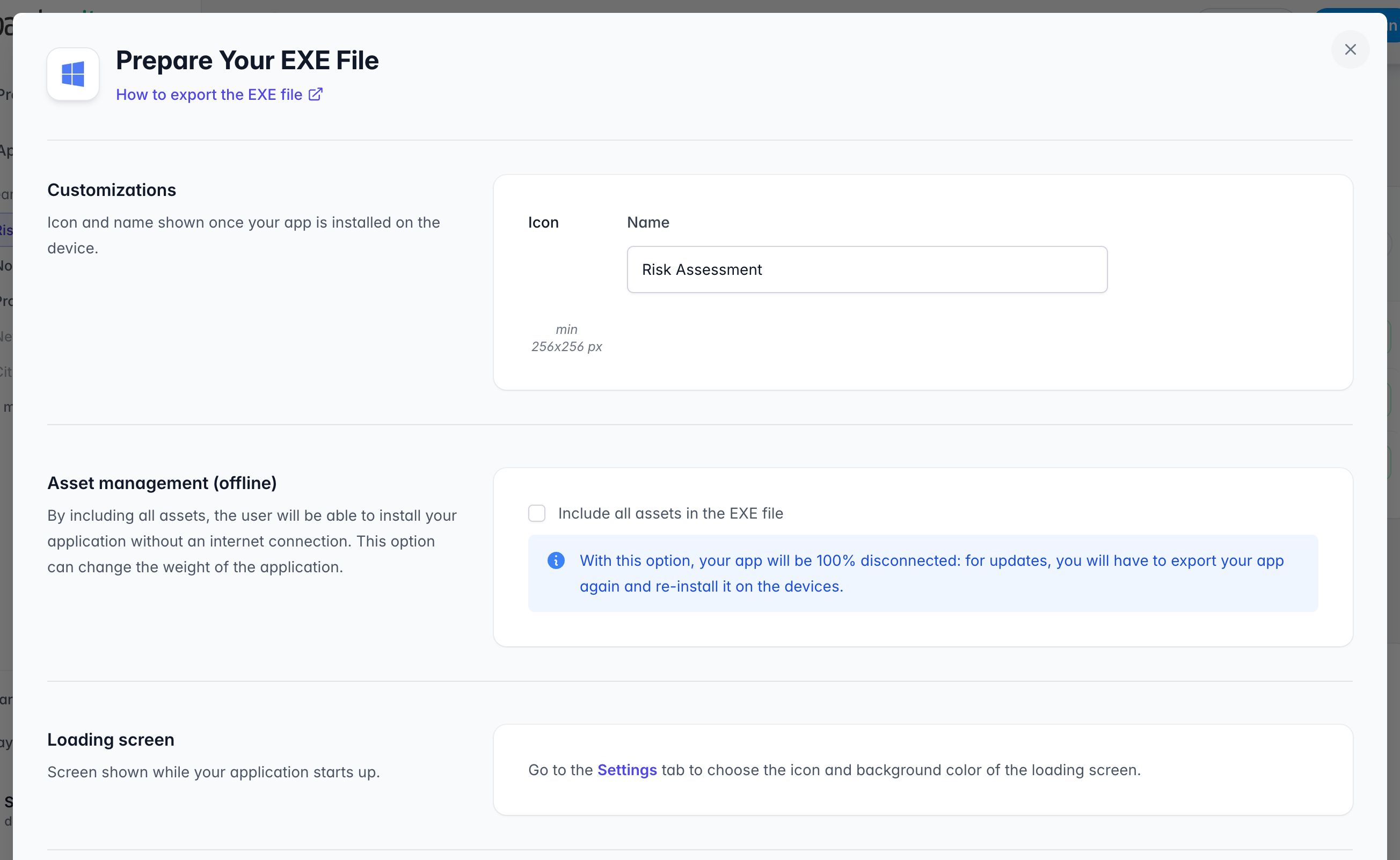 Formulaire Prepare Your EXE File : icône et nom, gestion des assets hors ligne et écran de chargement