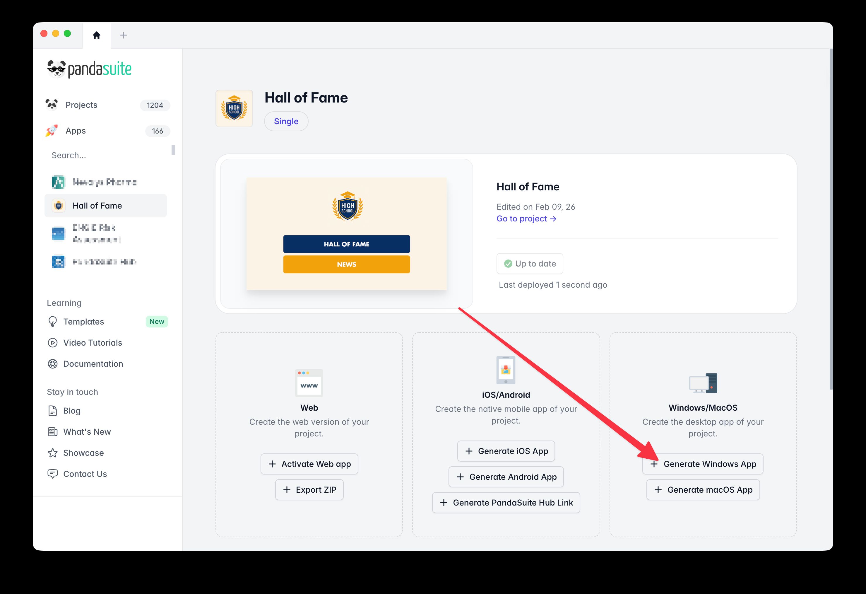 Generate Windows App button in the dashboard