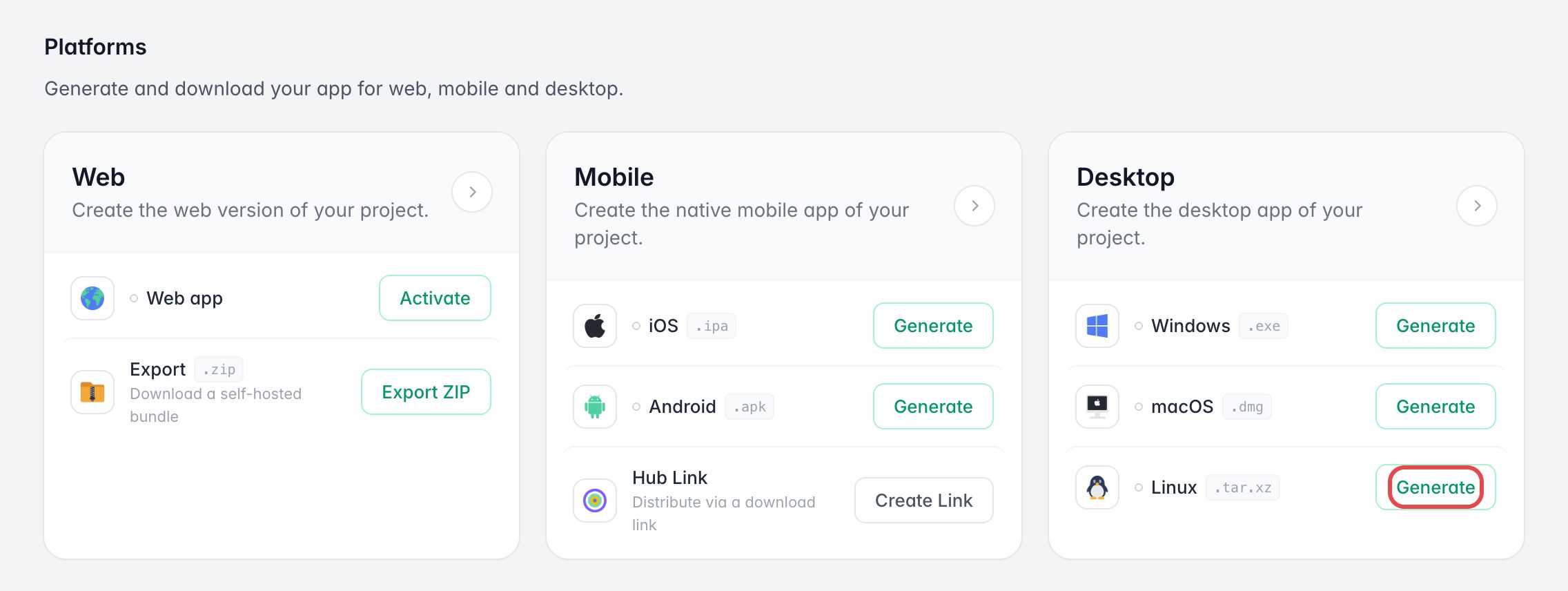 Carte Desktop de la section Platforms : le bouton Generate de Linux est encadré