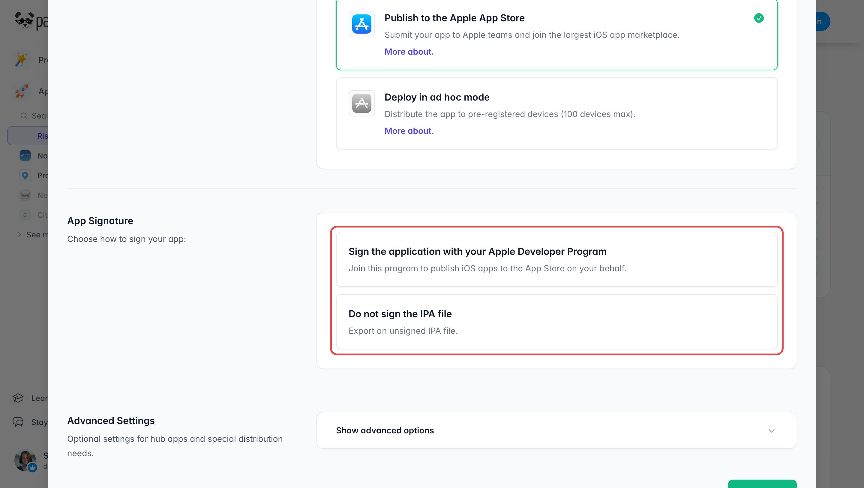 Formulaire d'export de l'IPA : Publish to the Apple App Store est sélectionné, et les deux choix d'App Signature sont encadrés