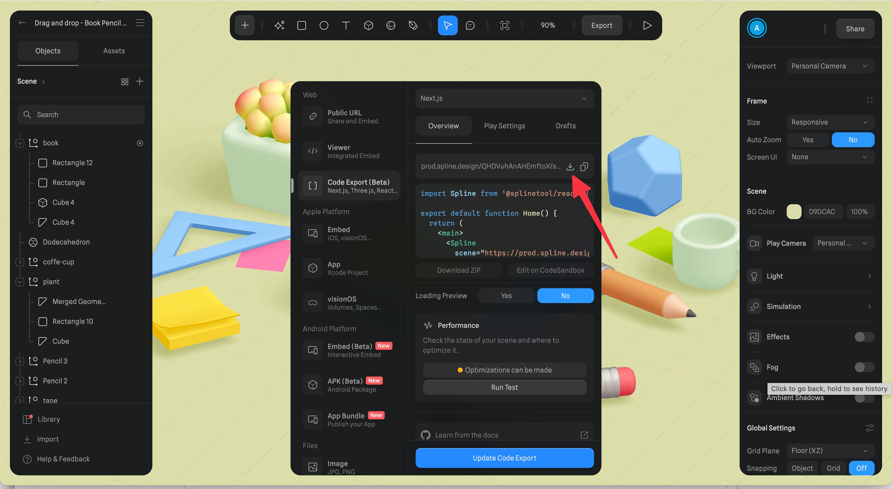 Export page in Spline