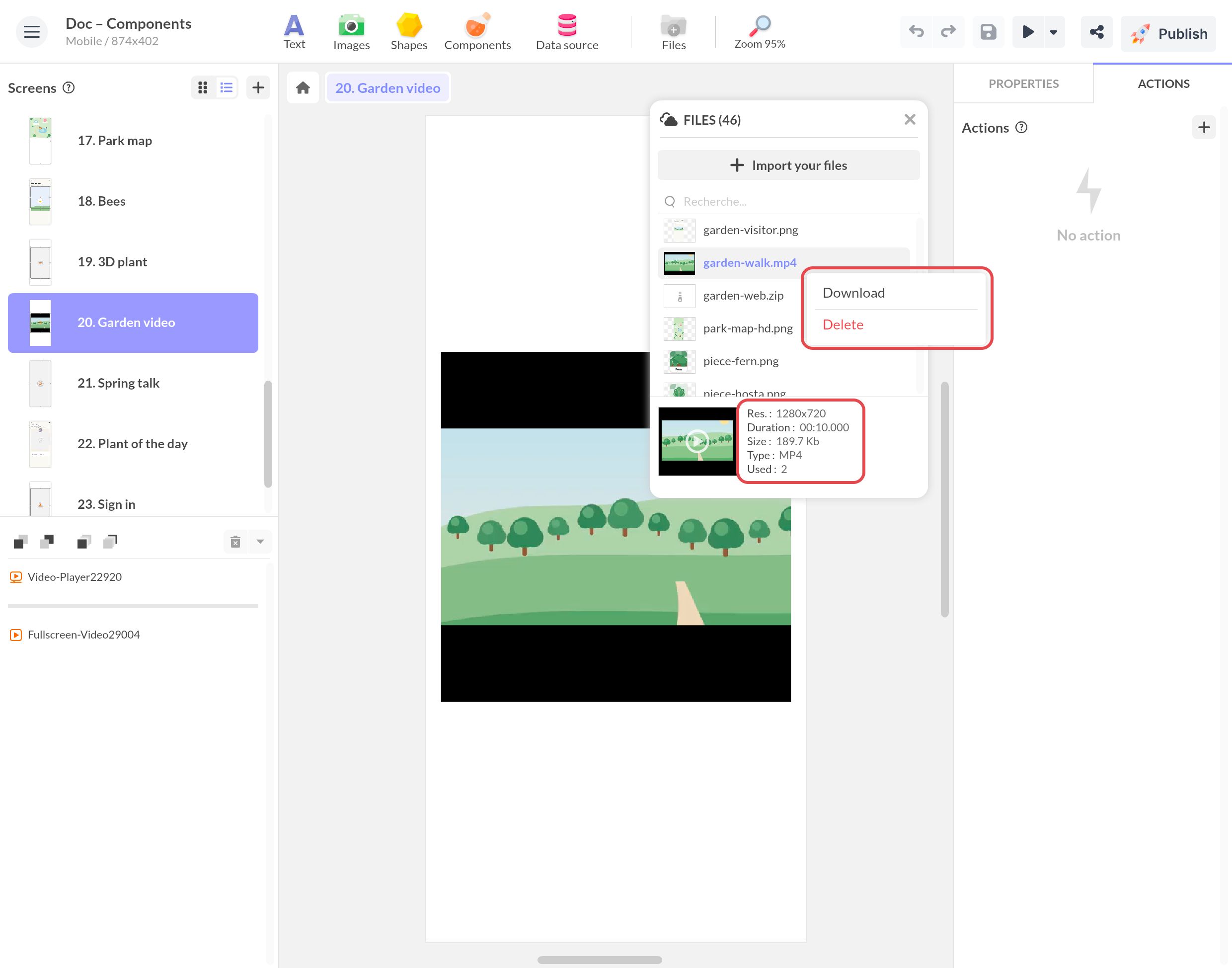 Fenêtre Fichiers : le menu de la vidéo garden-walk.mp4 ouvert sur Télécharger et Supprimer, et ses détails, dont le nombre d'utilisations, encadrés