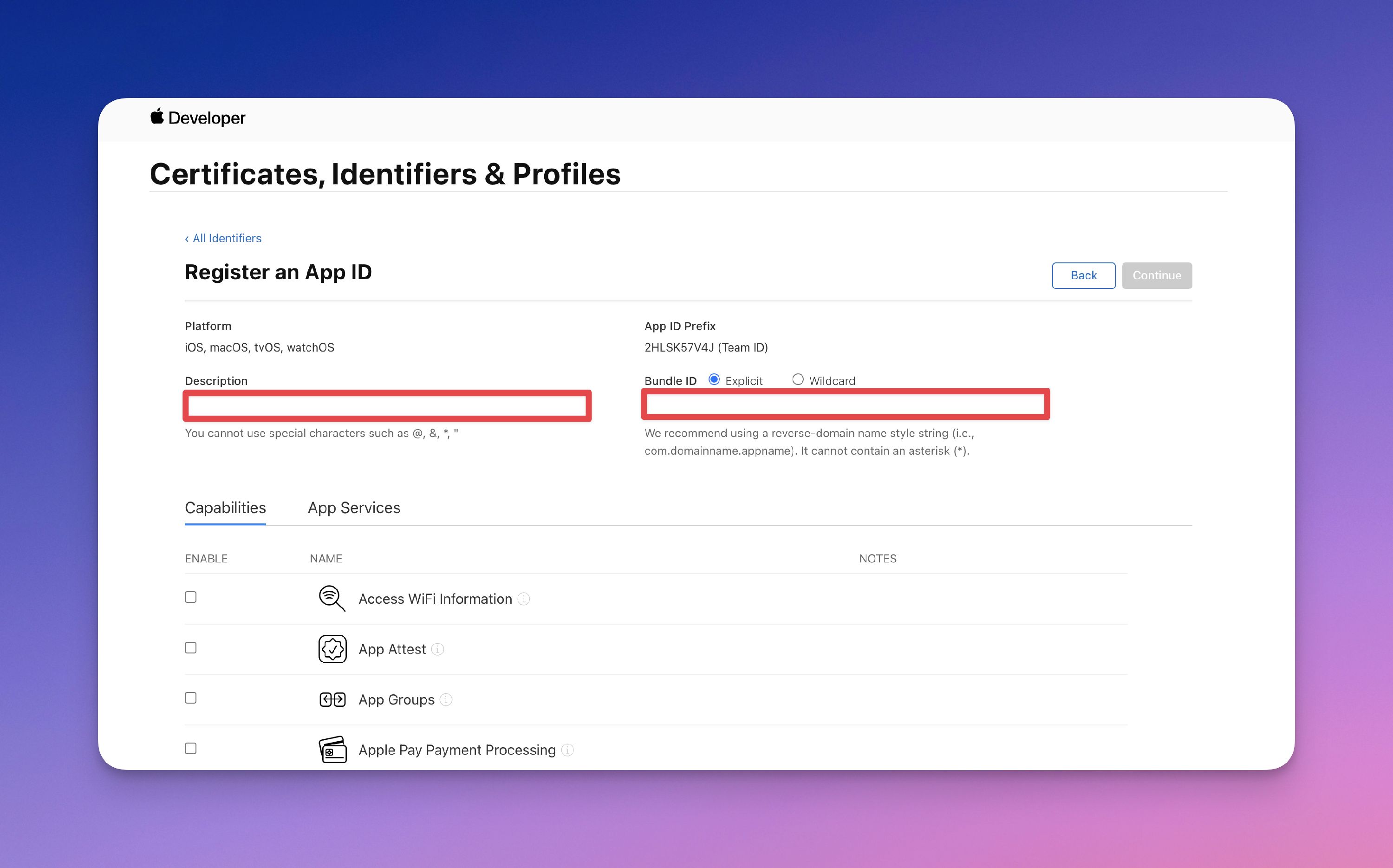 Fill in required fields for app ID
