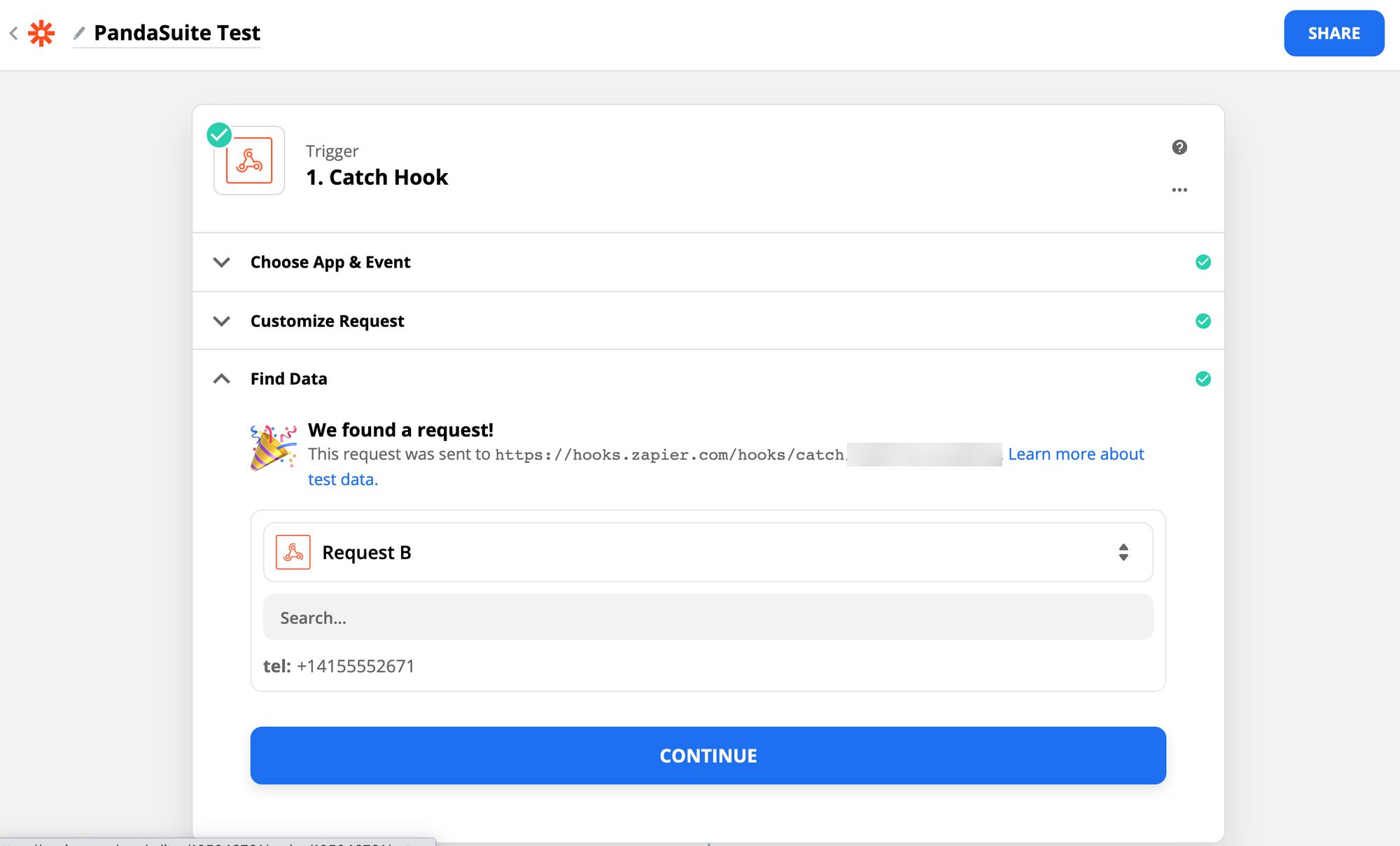 Déclencheur Catch Hook de Zapier : le message We found a request! affiche la requête reçue, avec la valeur tel du numéro