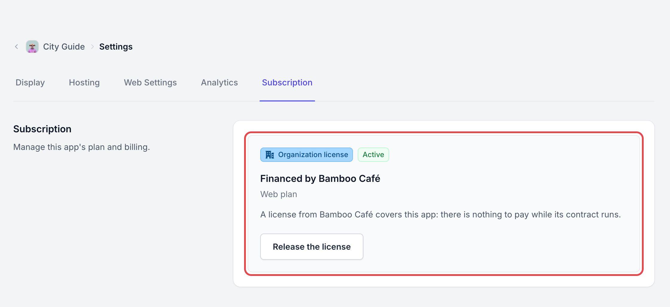 Subscription tab of an app: the framed card shows Organization license, Active, Financed by, the Web plan and Release the license