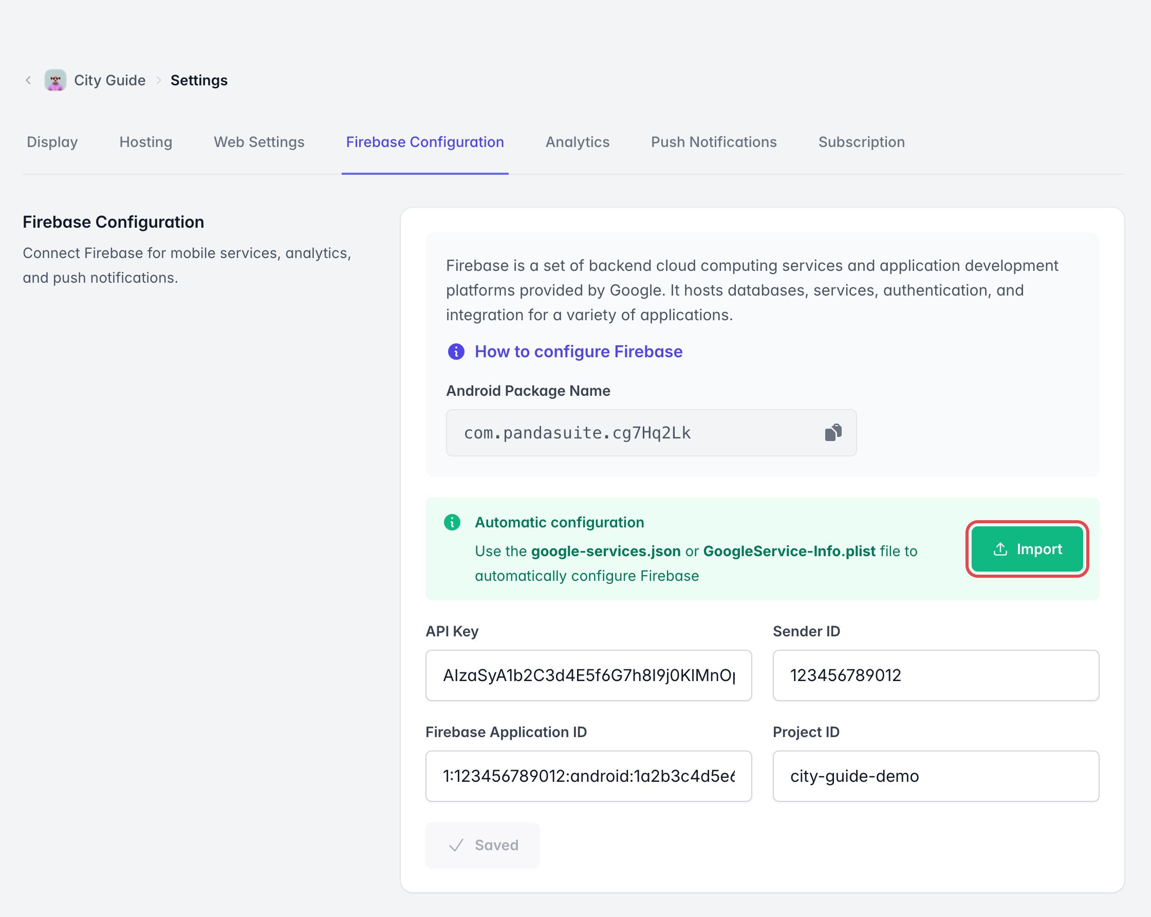 Onglet Configuration Firebase des paramètres de l'app : le bouton Importer de la configuration automatique est encadré