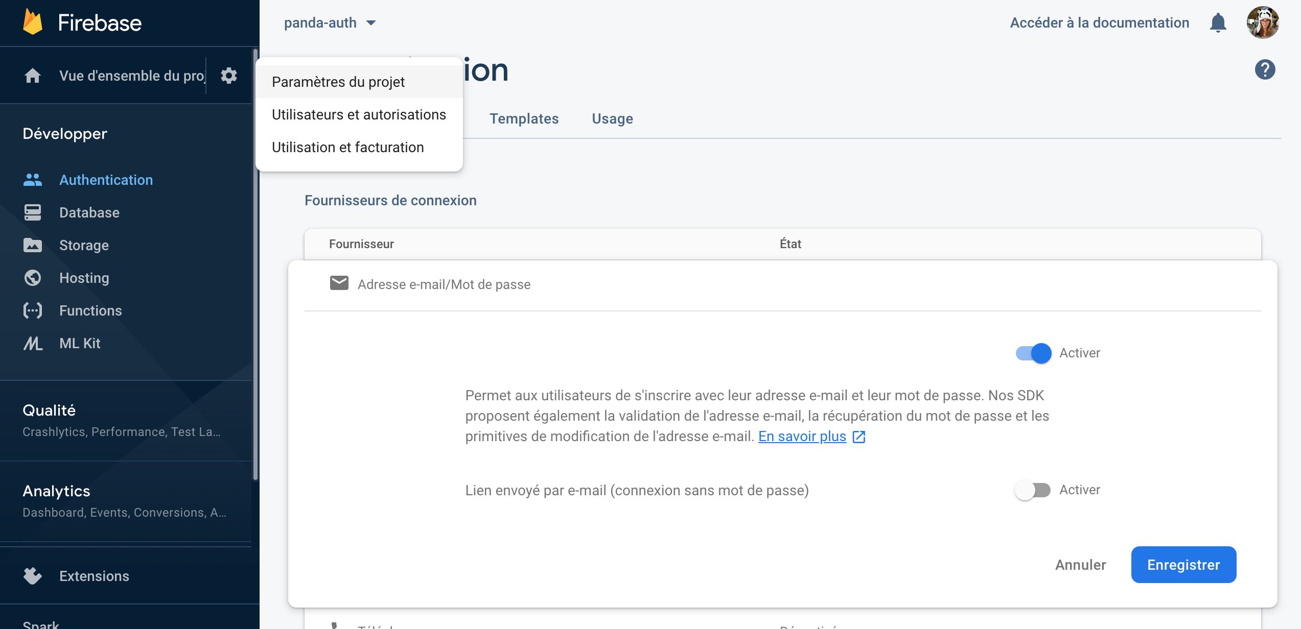 Firebase project settings