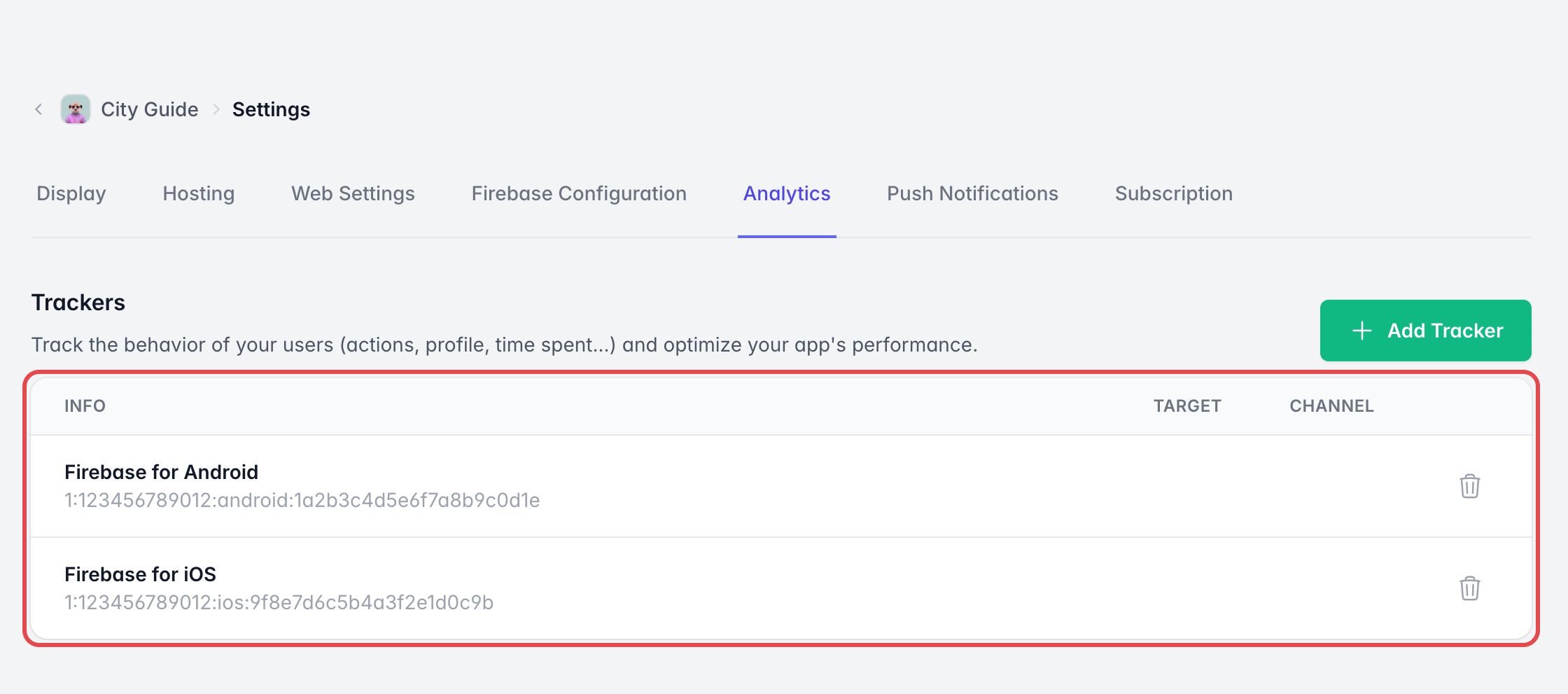 Onglet Analytiques des paramètres de l'app : la liste des trackers, avec Firebase pour Android et Firebase pour iOS ajoutés, est encadrée
