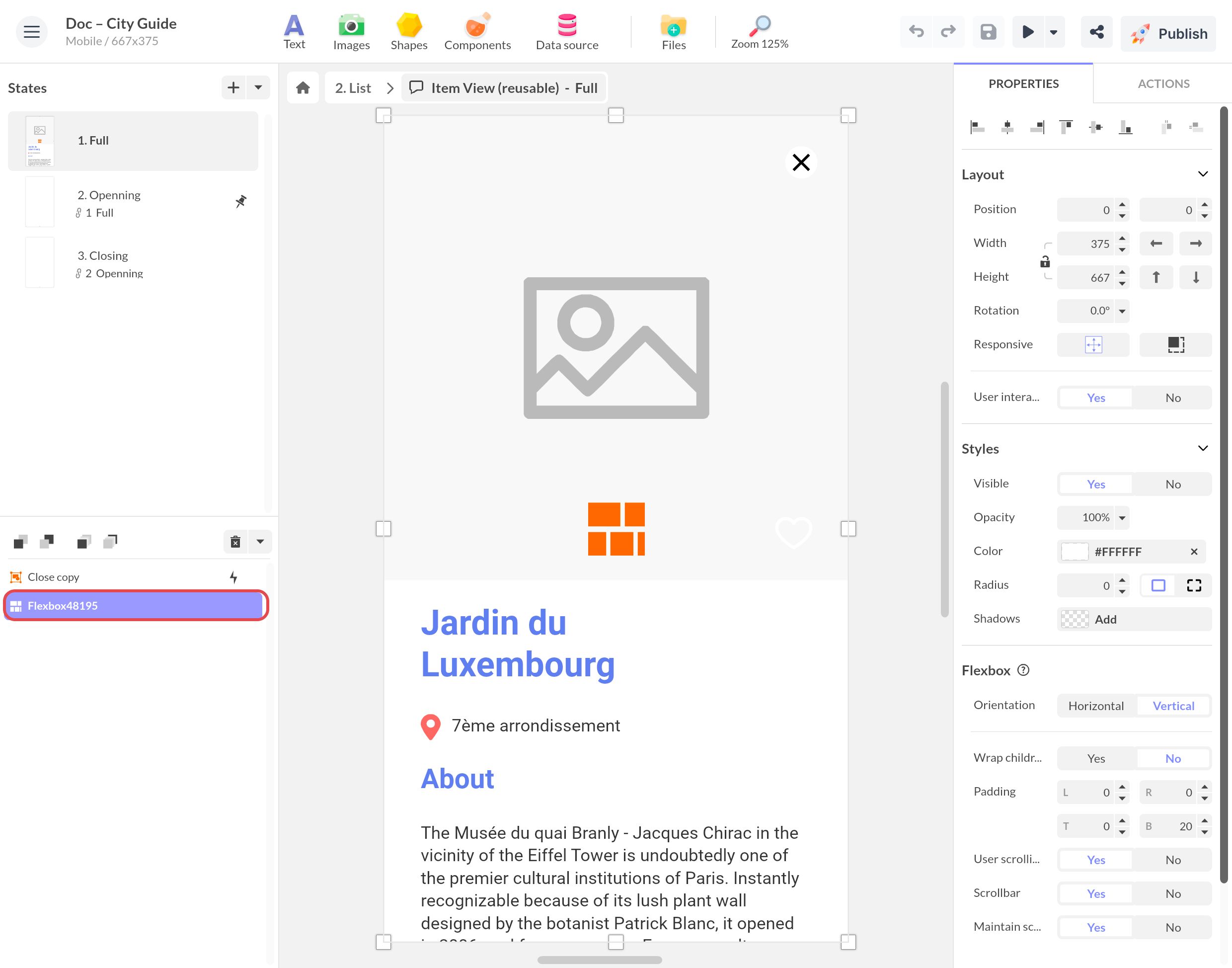 Pop-up Item View du guide de Paris : son Flexbox, encadré dans la liste des objets, contient la photo, le titre, l'arrondissement et le texte About