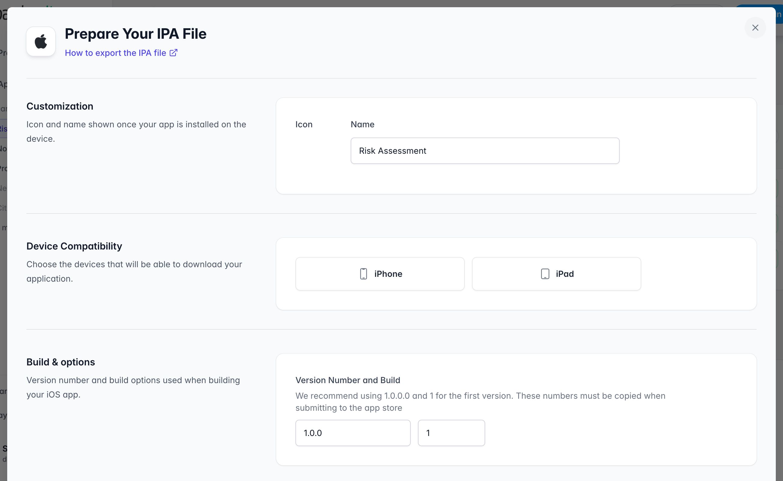 Formulaire Prepare Your IPA File : personnalisation (icône et nom), compatibilité iPhone ou iPad, version et build
