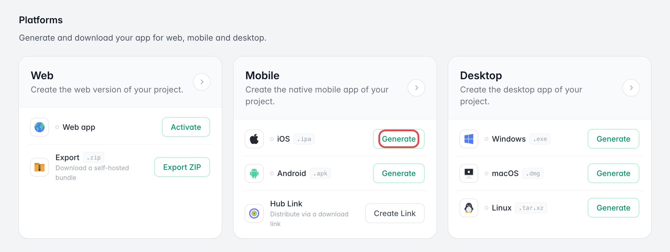 Carte Mobile de la section Platforms : le bouton Generate d'iOS est encadré
