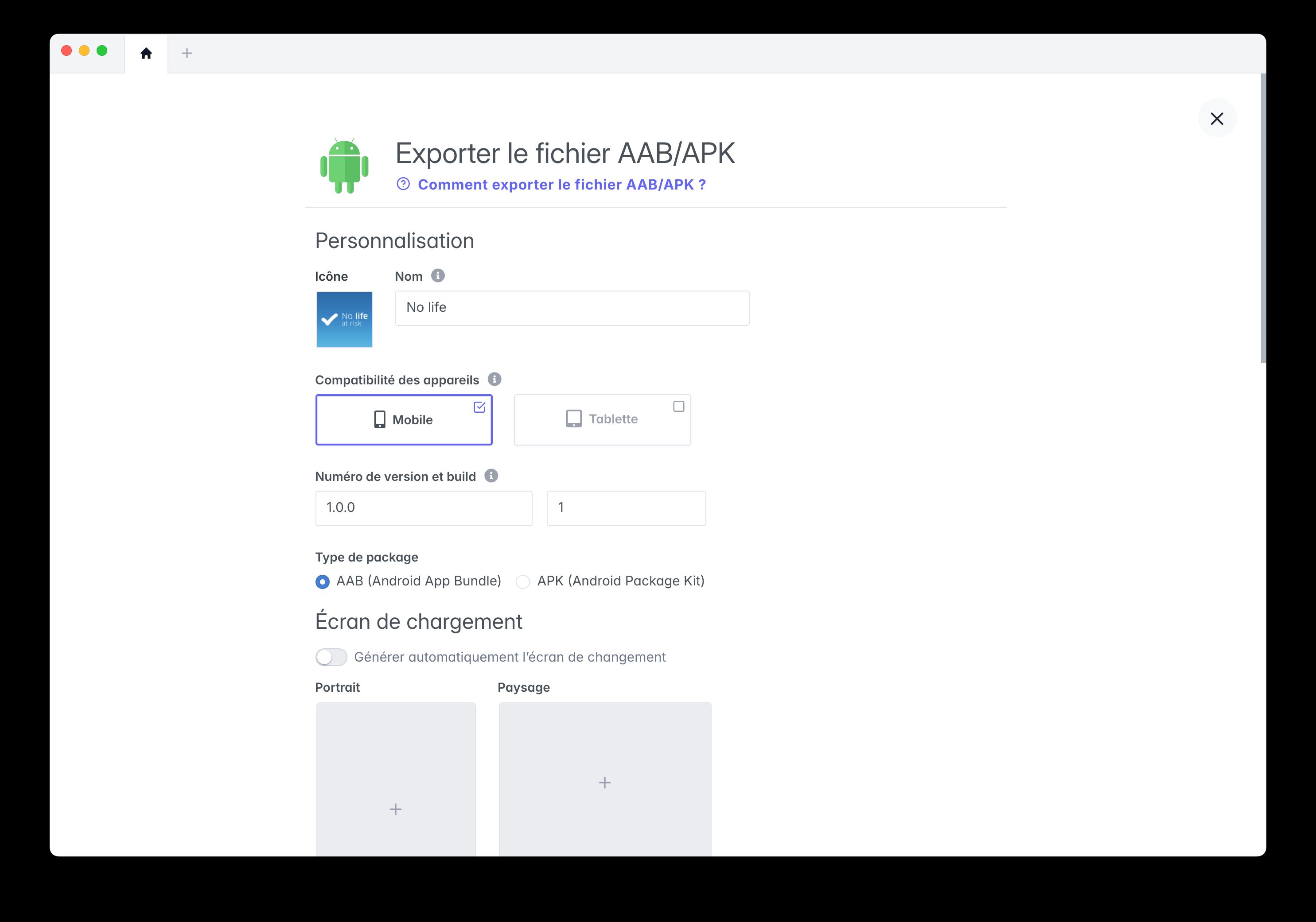Illustration du formulaire pour exporter un APK ou un AAB