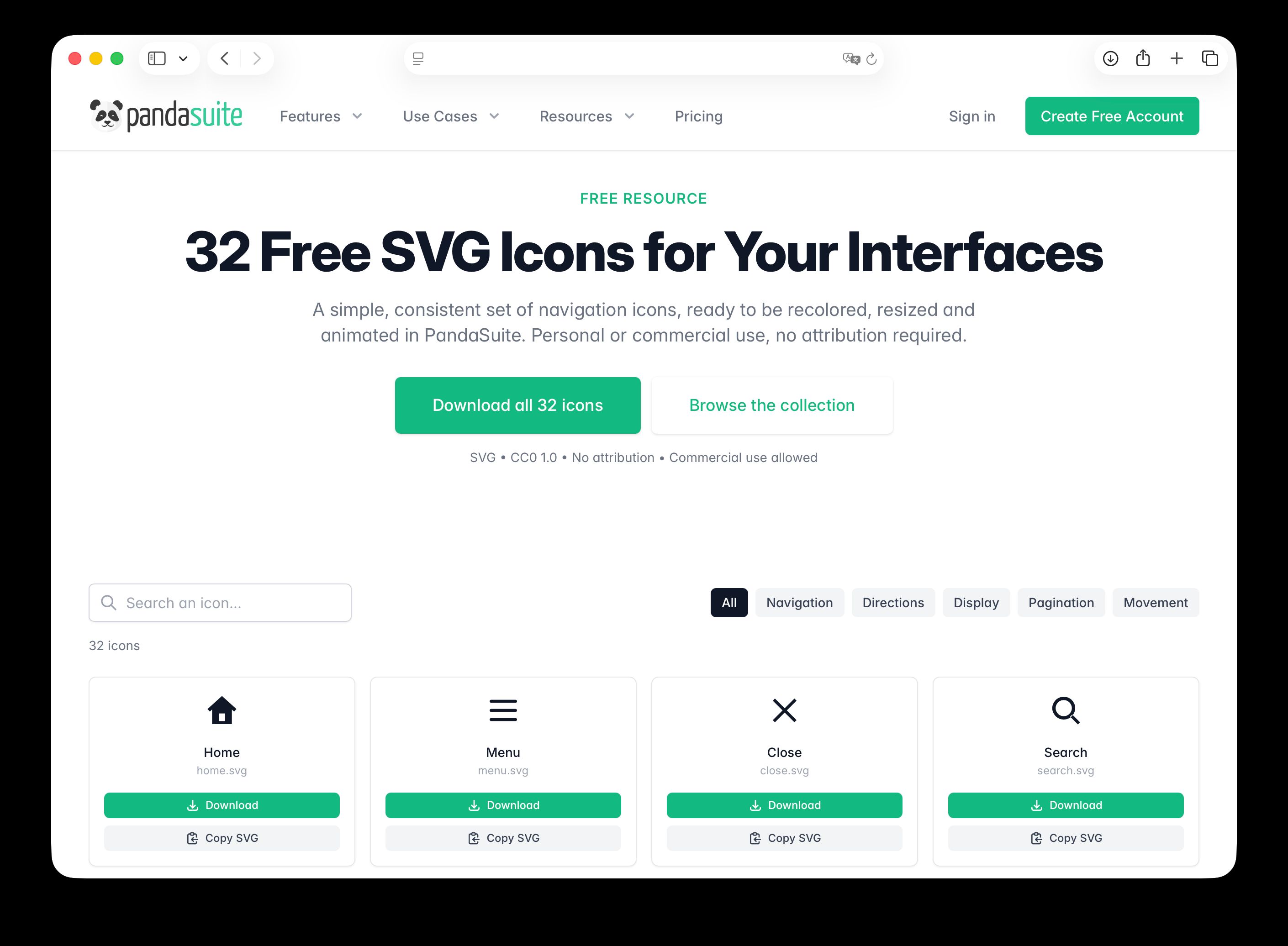 PandaSuite free SVG navigation icons page with Download and Copy SVG buttons for each icon