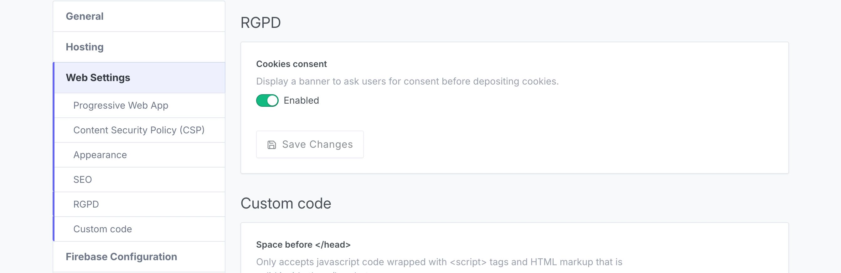 GDPR section in settings