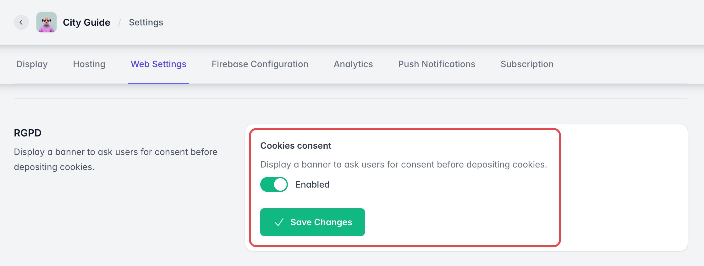 Section RGPD de l'onglet Web des paramètres : Consentement aux cookies activé et bouton Enregistrer, encadrés