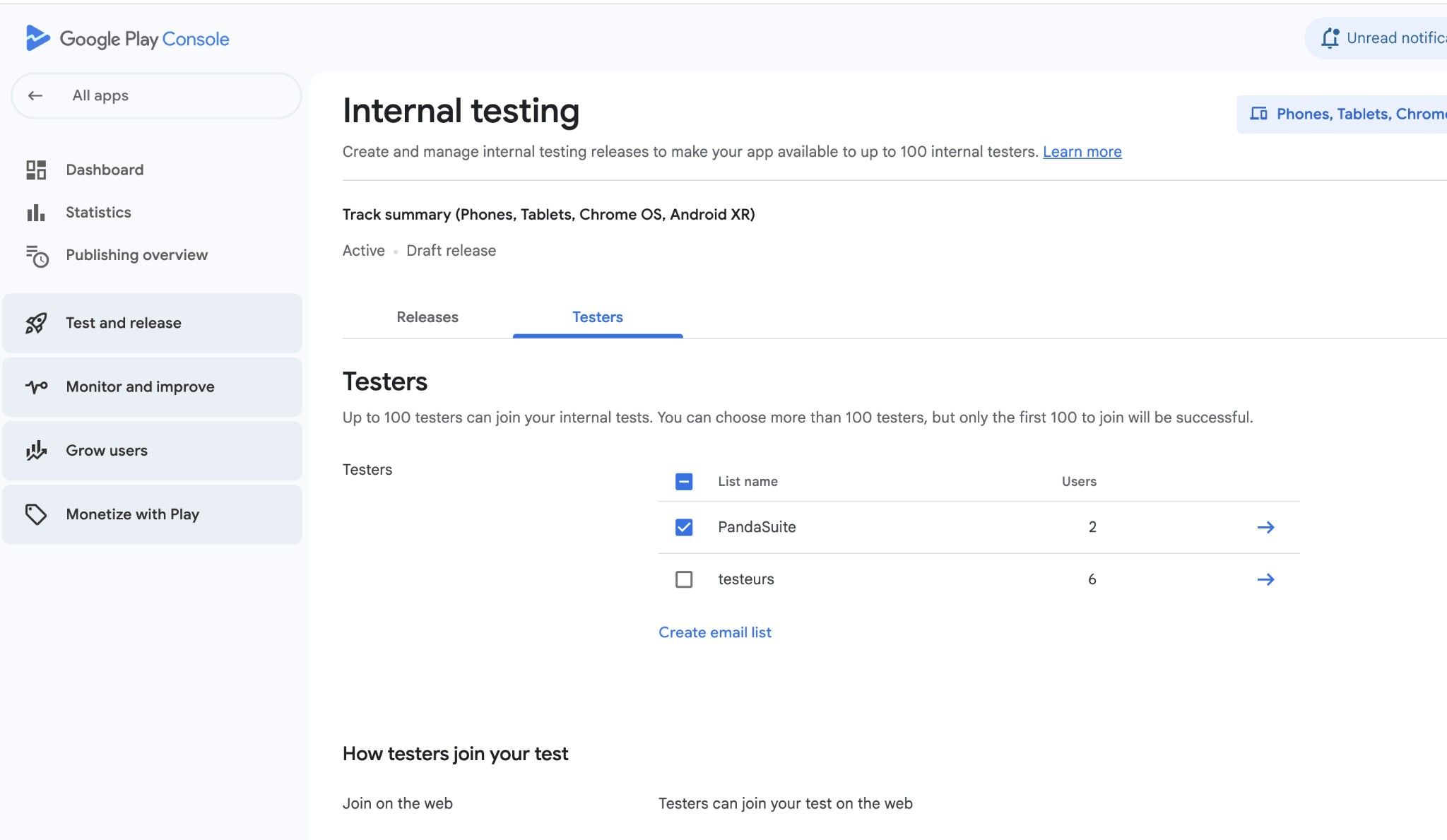 Google Play Console Internal testing testers