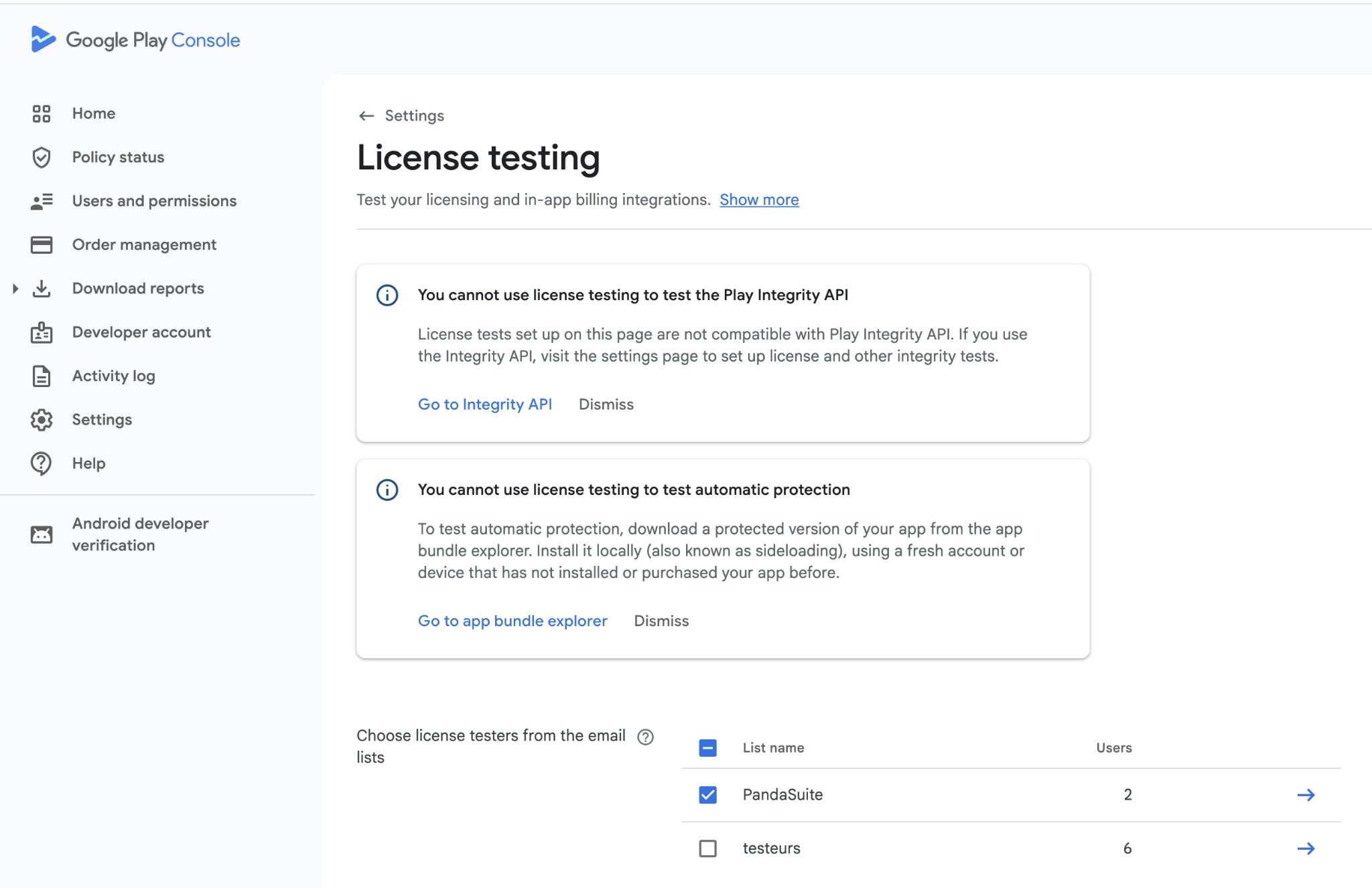 Google Play Console License testing settings