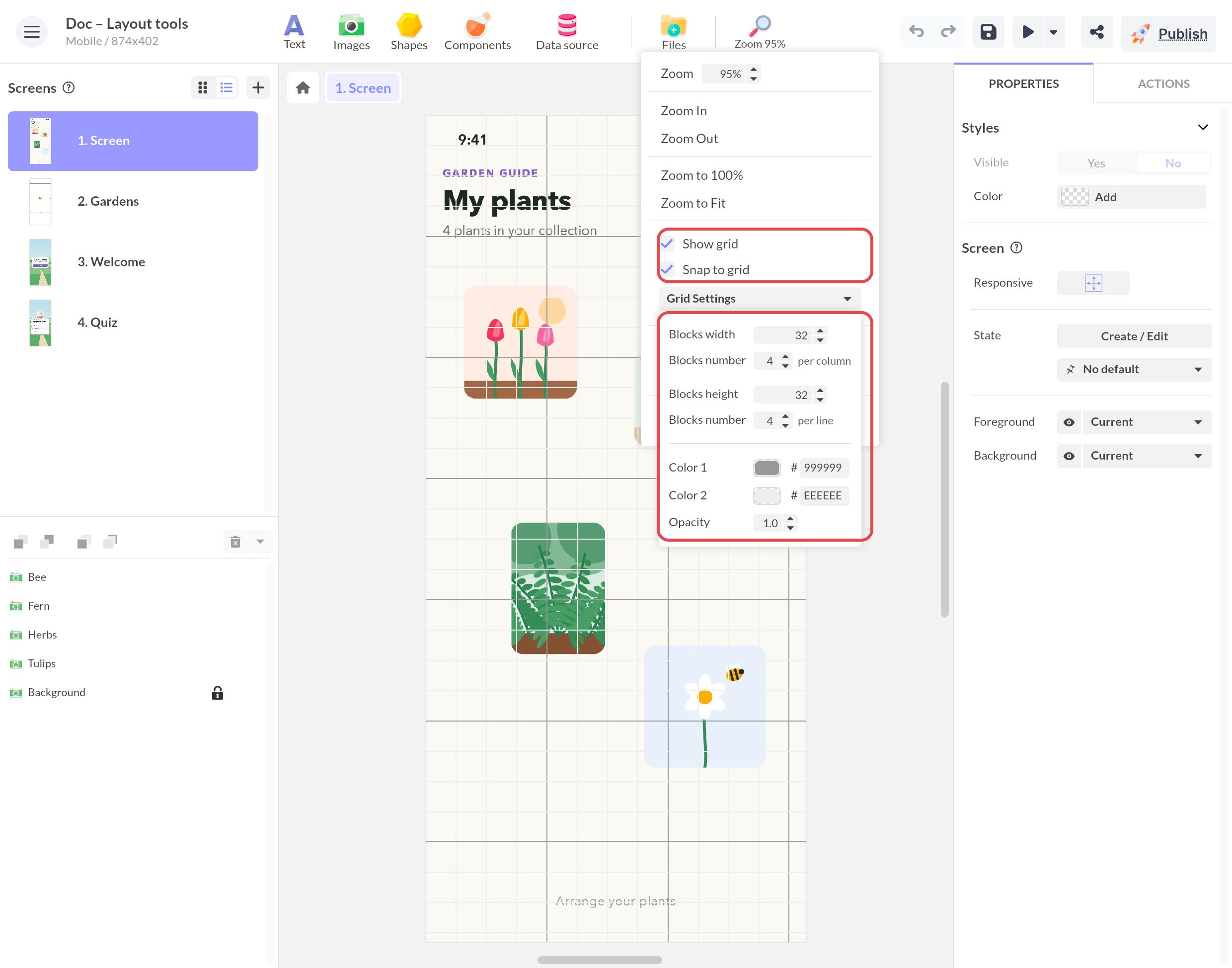 Menu Zoom : Show grid et Snap to grid cochés, Grid Settings ouverts avec tailles de blocs, couleurs et opacité, sur un écran quadrillé