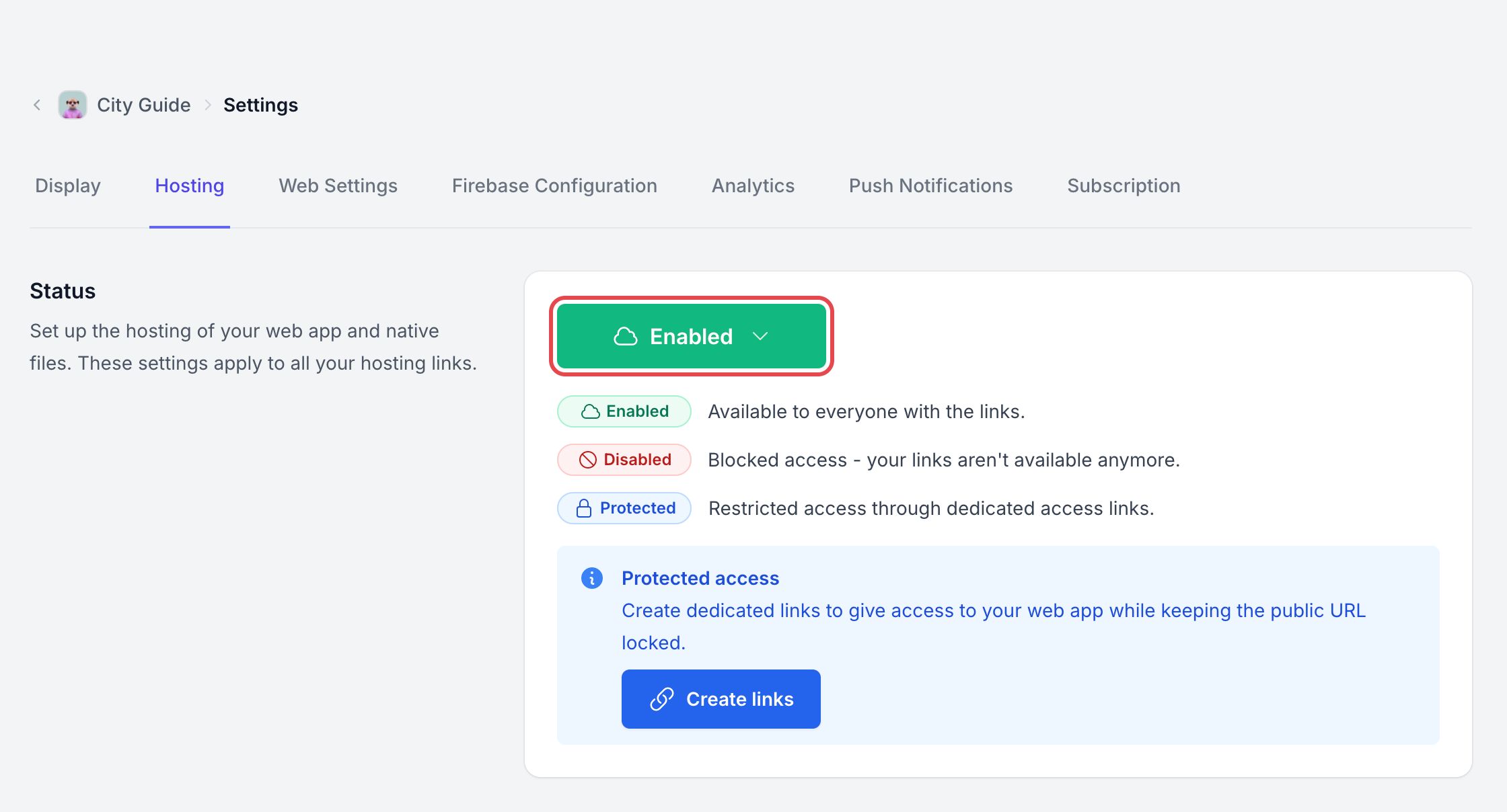 Section Status de l'onglet Hosting : le bouton du statut Enabled est encadré, au-dessus de la légende des statuts et de l'encadré Protected access
