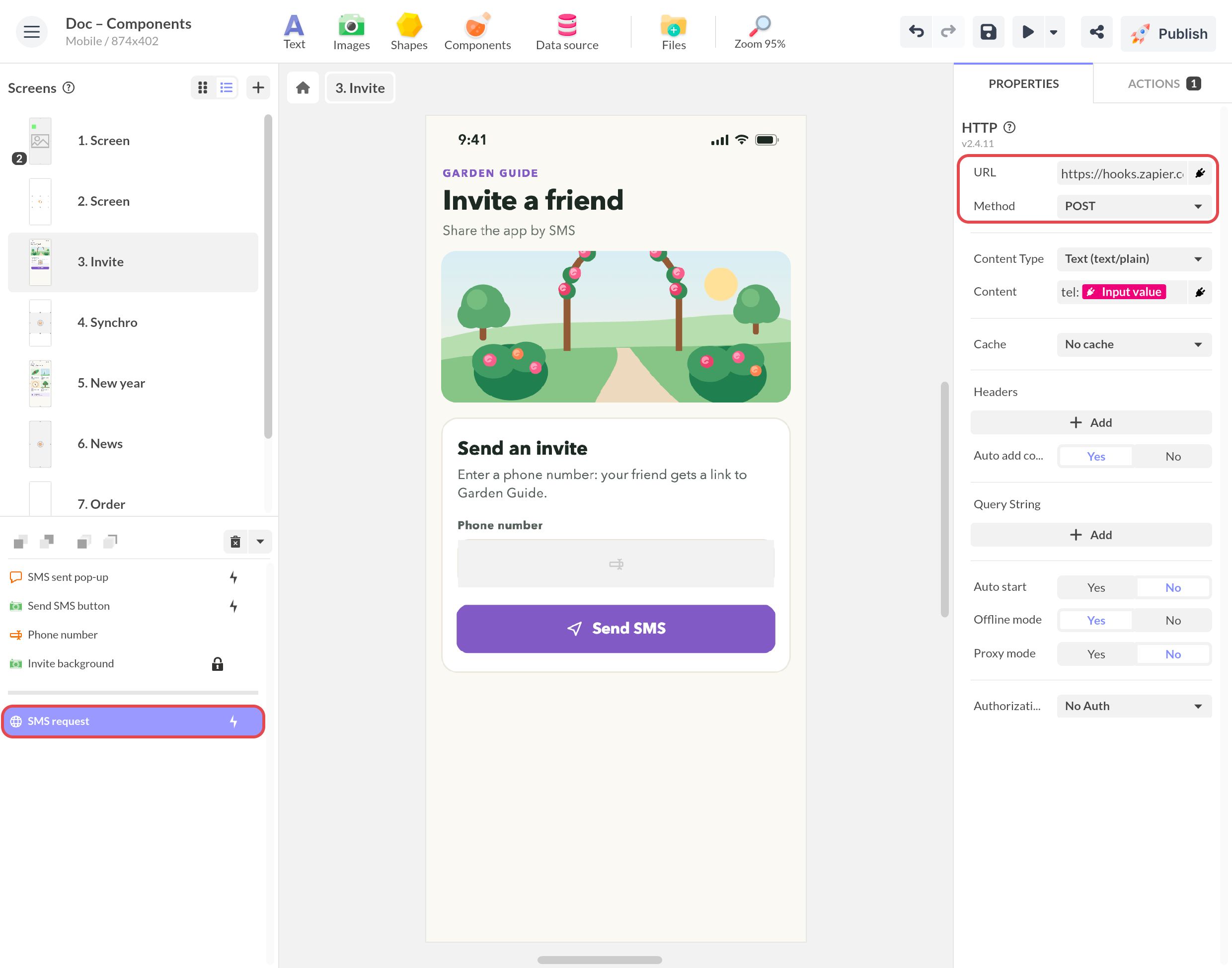 Propriétés du composant HTTP dans PandaSuite Studio : l'URL du webhook hooks.zapier.com encadrée dans le champ URL, avec la méthode POST