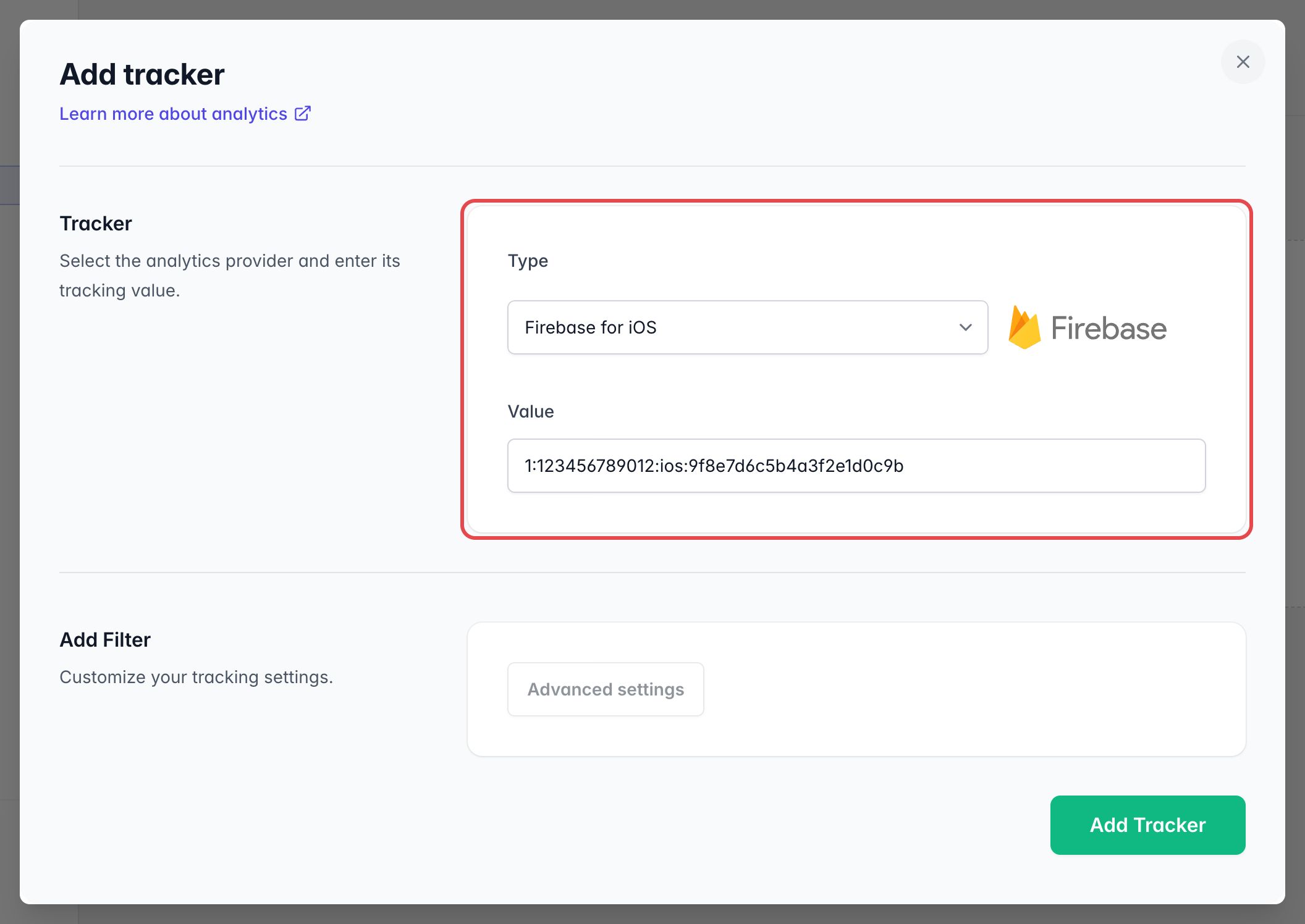 Fenêtre Ajouter un tracker : type Firebase pour iOS et ID de l'application Firebase au format 1:…:ios:…