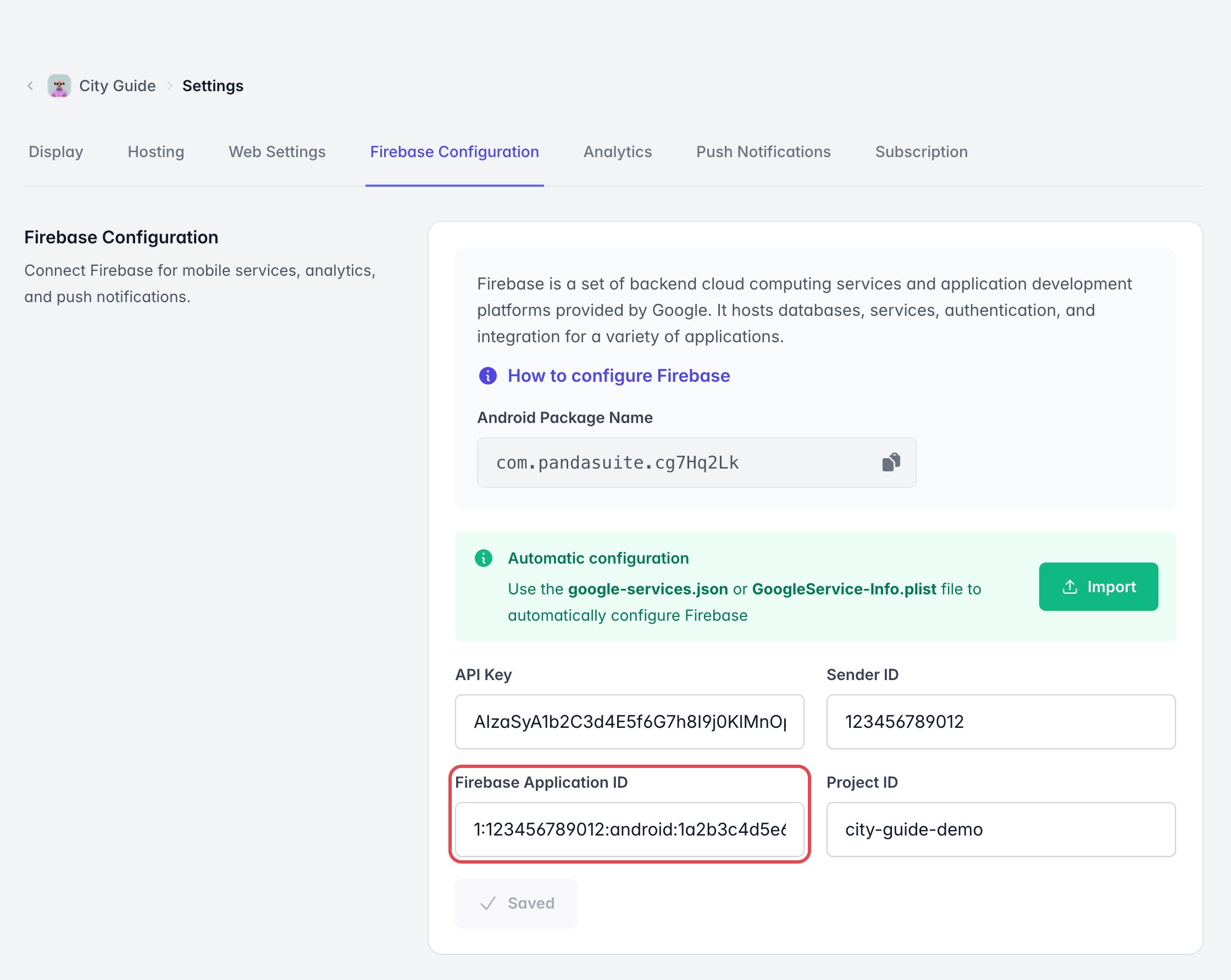 Configuration Firebase après l'import : le champ ID de l'application Firebase, au format long 1:…:android:…, est encadré