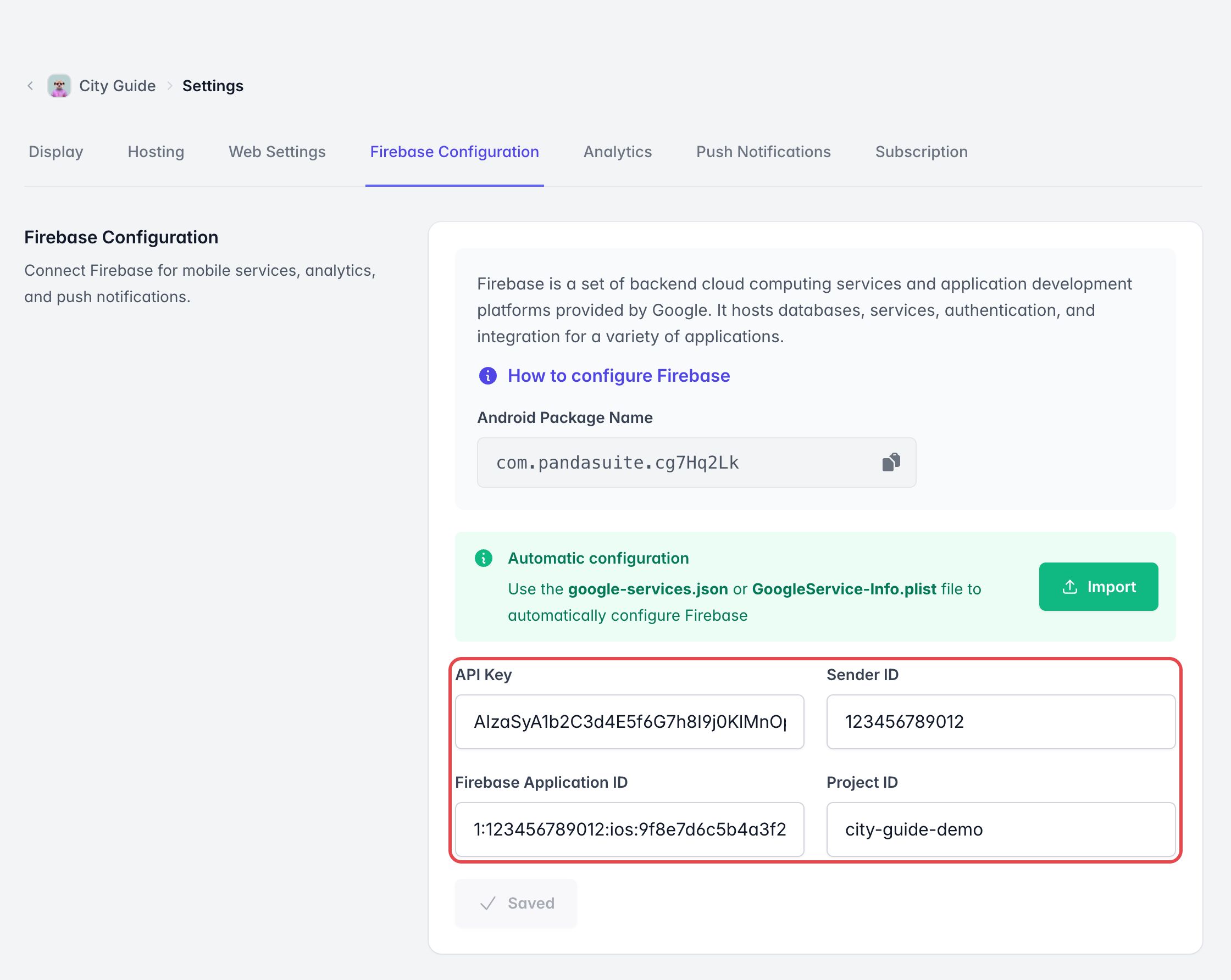 Configuration Firebase après l'import du .plist : Clé API, ID Expéditeur, ID de l'application Firebase (1:…:ios:…) et ID Projet, remplis et encadrés