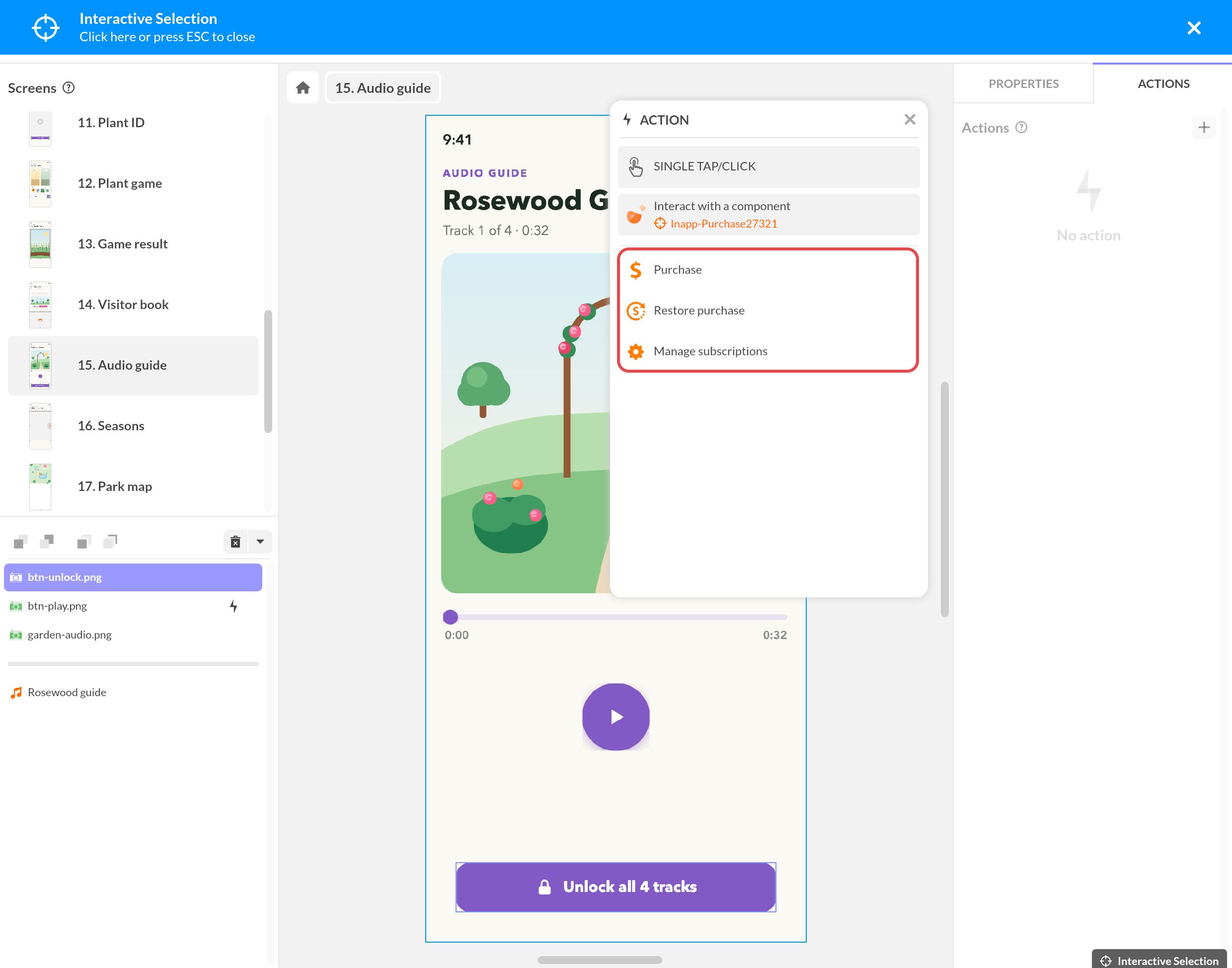 Agir sur le composant Achat intégré depuis un bouton Unlock all 4 tracks : Purchase, Restore purchase et Manage subscriptions